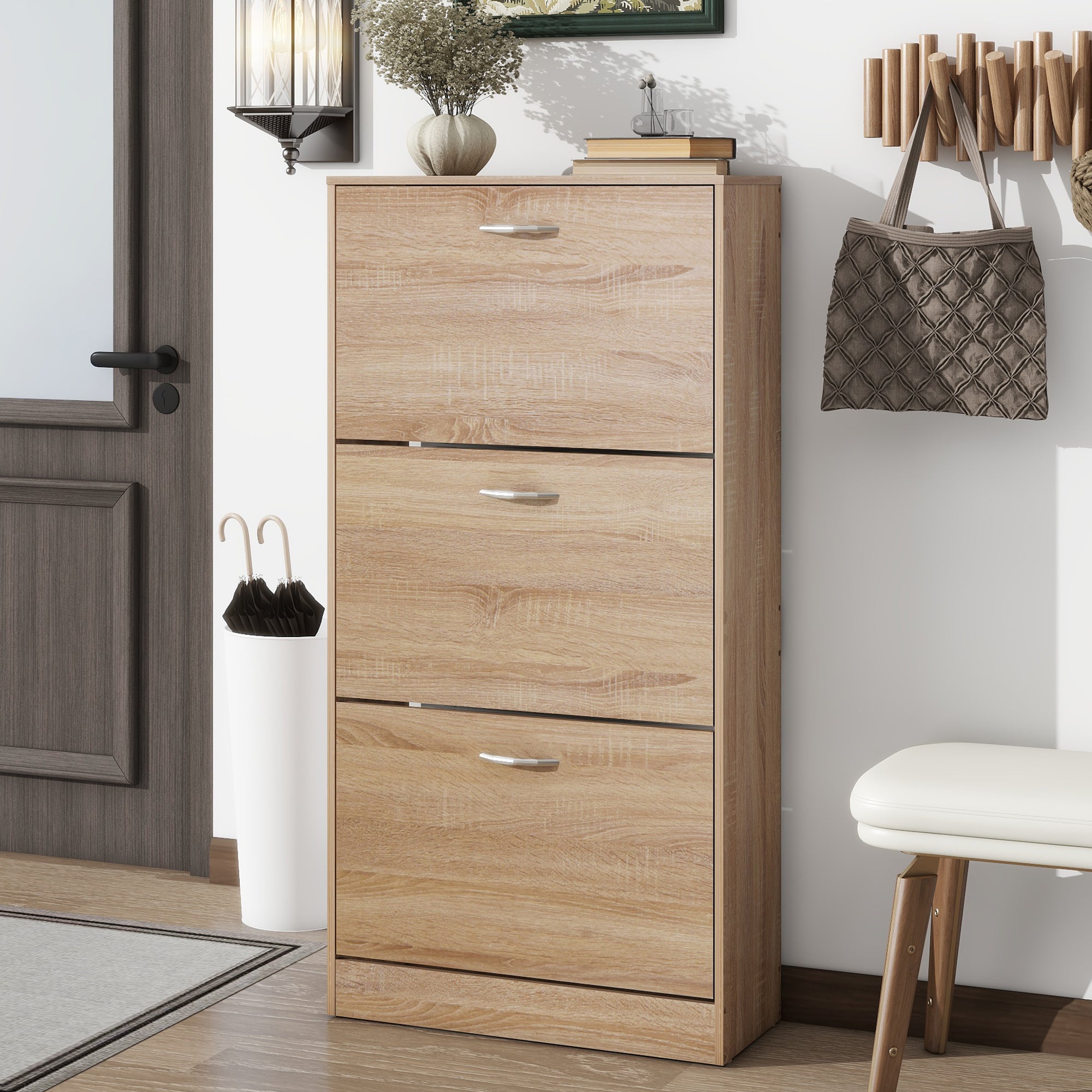Logidon shoe cabinet oak 3 drawers wooden shoe rack entrance area