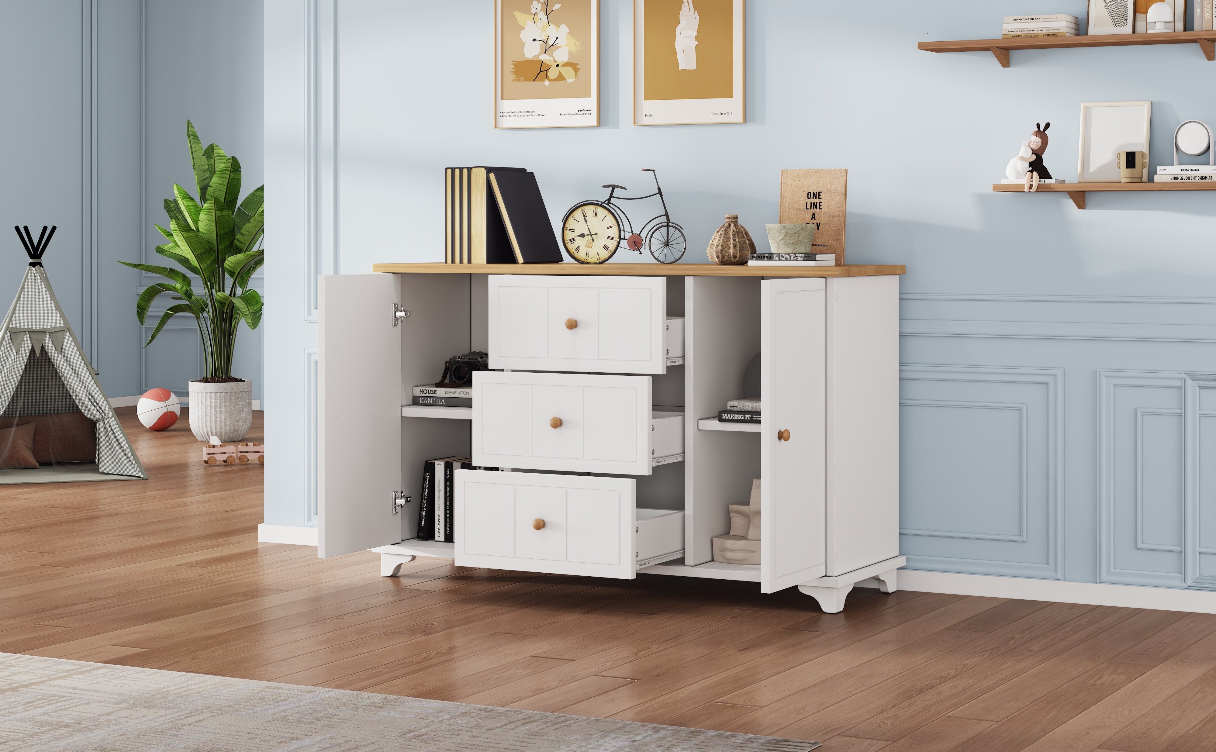 Logidon classic chest of drawers white natural with 3 drawers and 2 doors