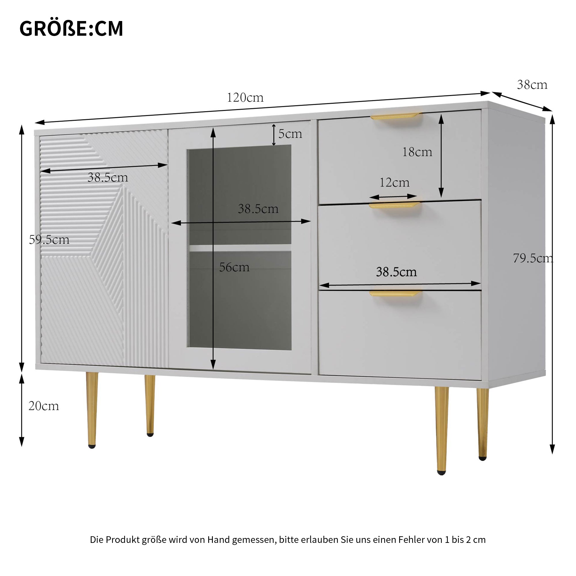 Logidon ladekast wit met 3 lades en 2 glazen deuren 120x38x79,5 cm