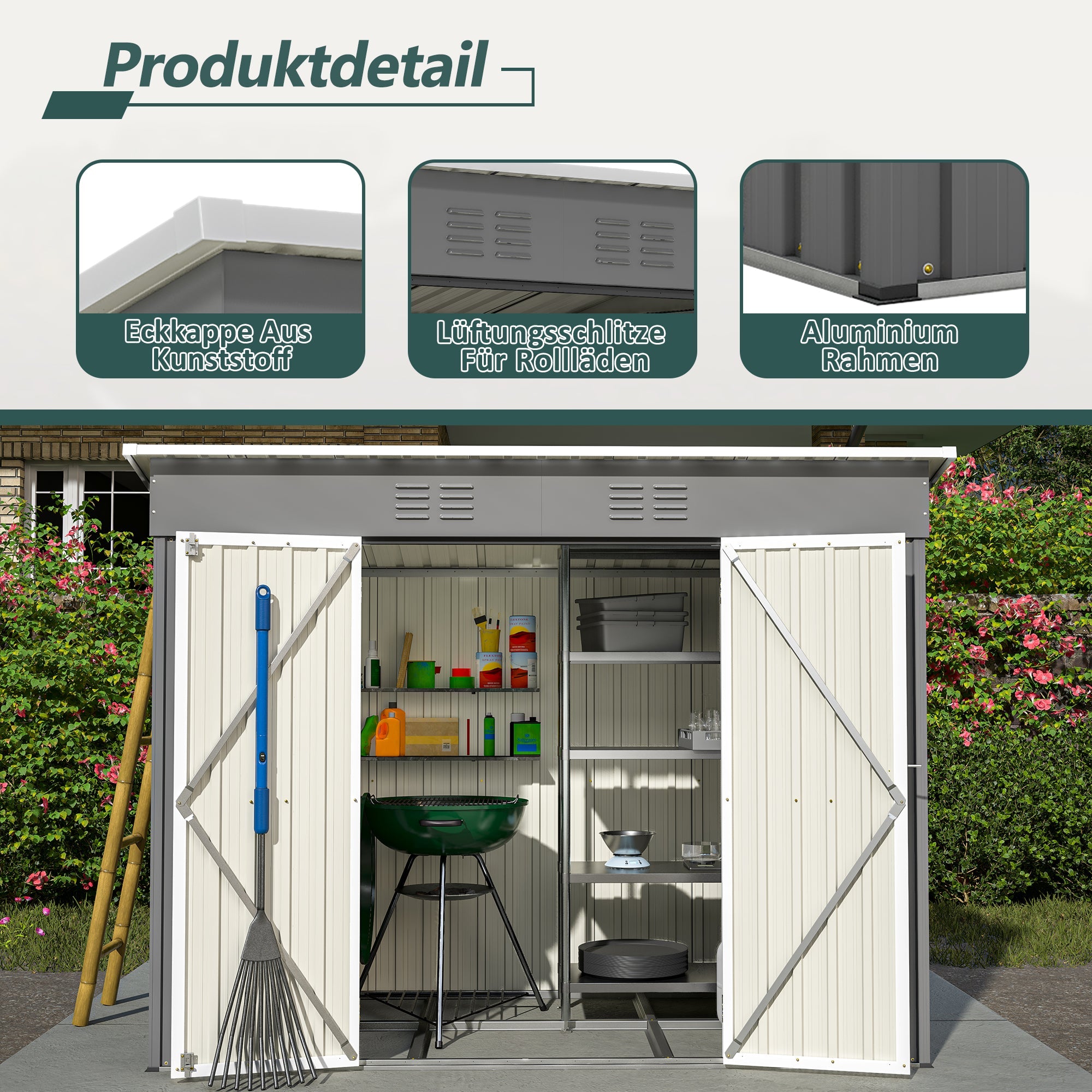 Logidon 8x4 Ft metalen gereedschapsschuur grijs met fundering weerbestendig