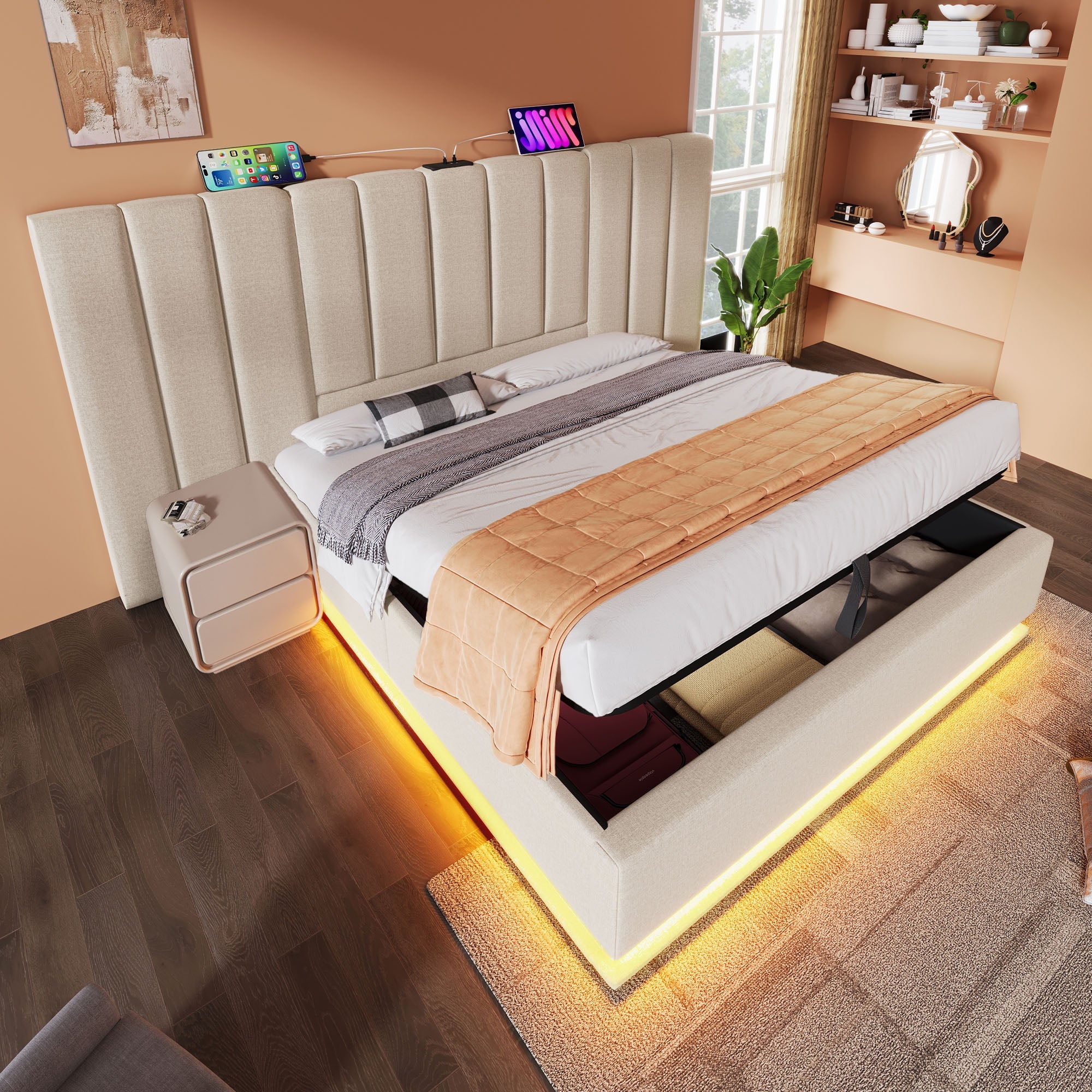 Logidon gestoffeerd bed 180x200 opbergruimte met LED USB oplaadfunctie beige