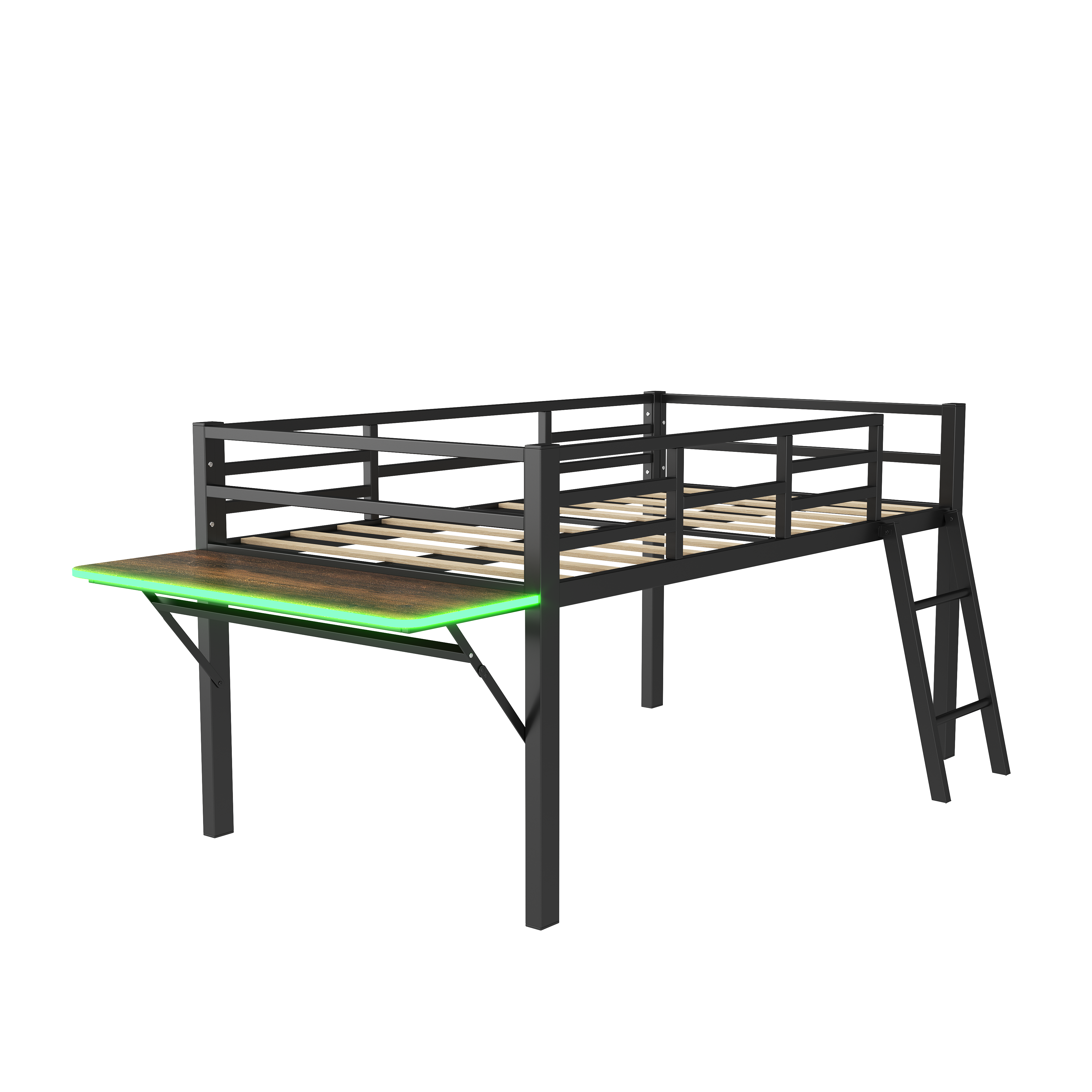 Logidon hoogslaper 90x200 zwart met bureau en LED-lichtstrip
