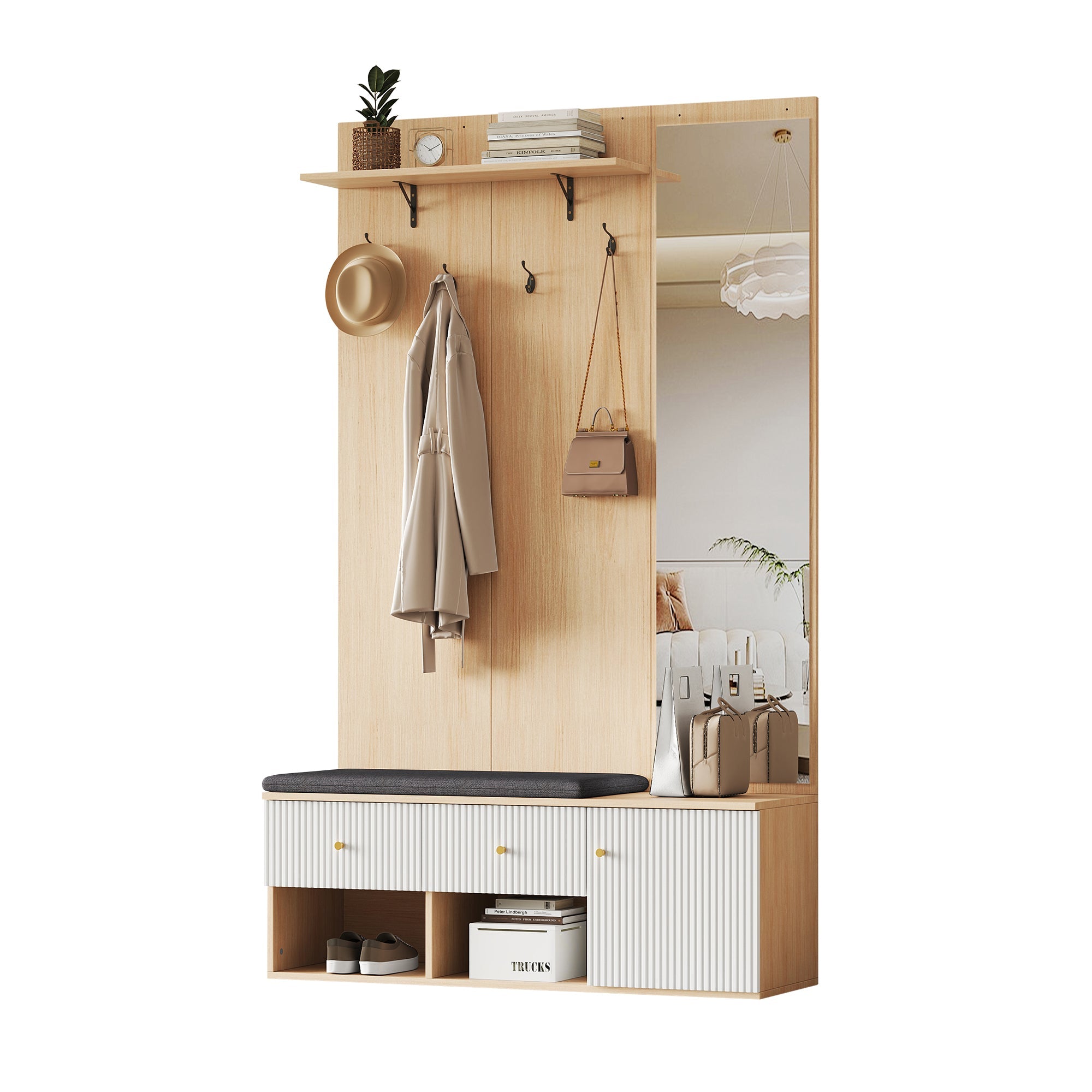 Logidon garderobekast 120x40x200 cm spiegel schoenenbank wit hout