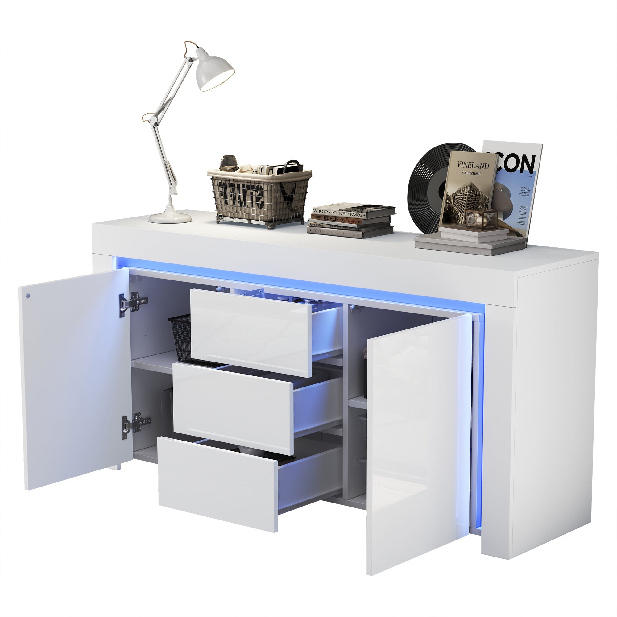 Logidon wit hoogglans dressoir 140x40x65 cm met LED verlichting