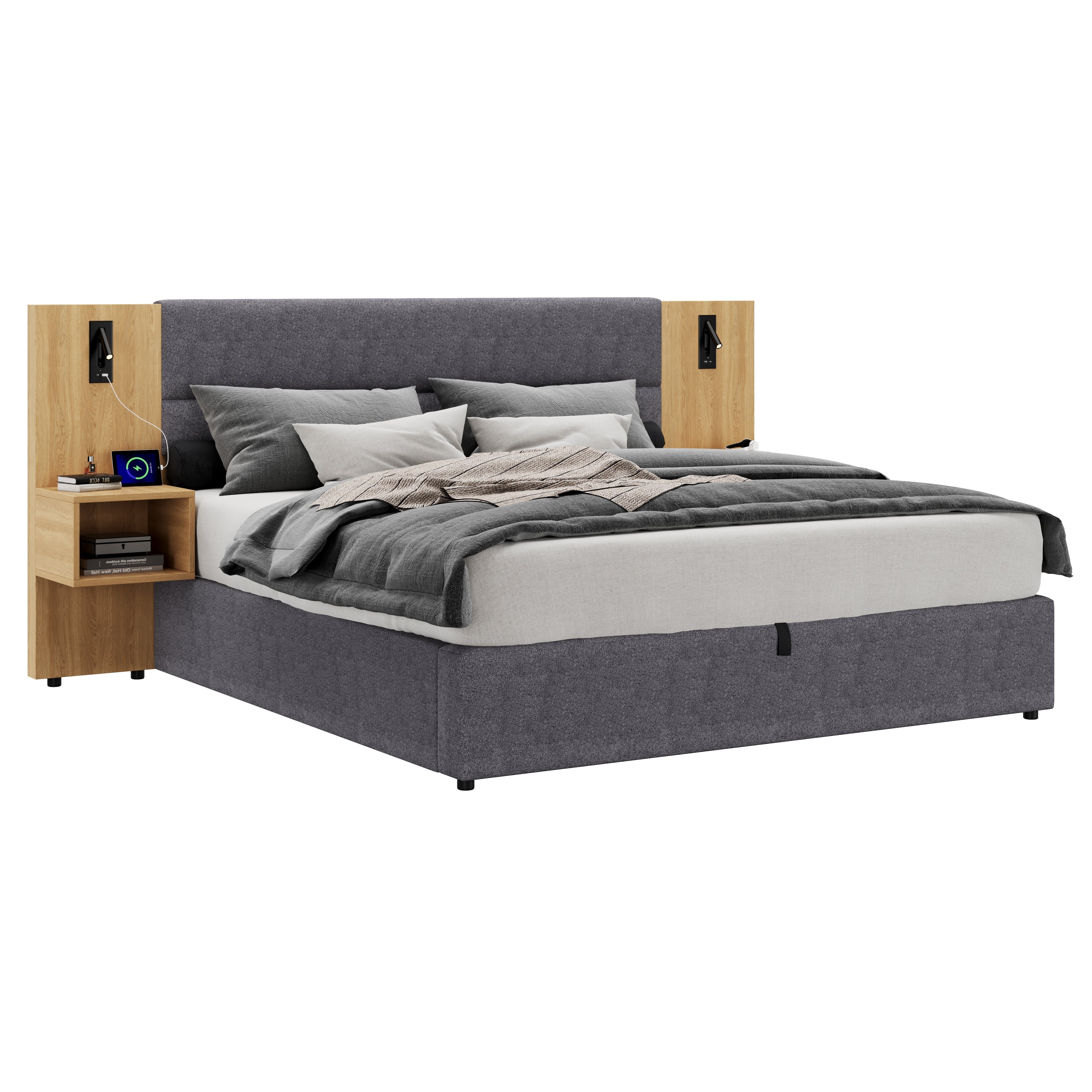 Logidon gestoffeerd bed 160x200 cm fluweelgrijs USB-oplaadfunctie opbergruimte
