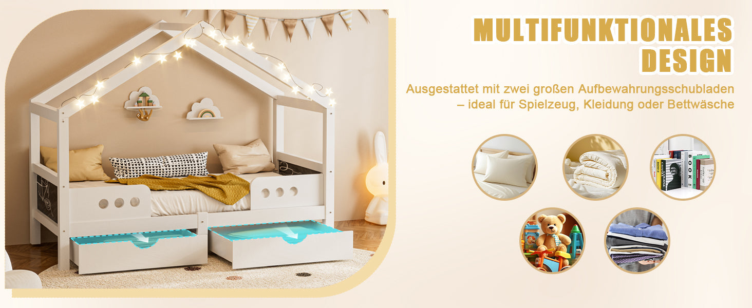 Logidon Kinderbed Met Dak Design Wit 90x200 cm Met Twee Lades