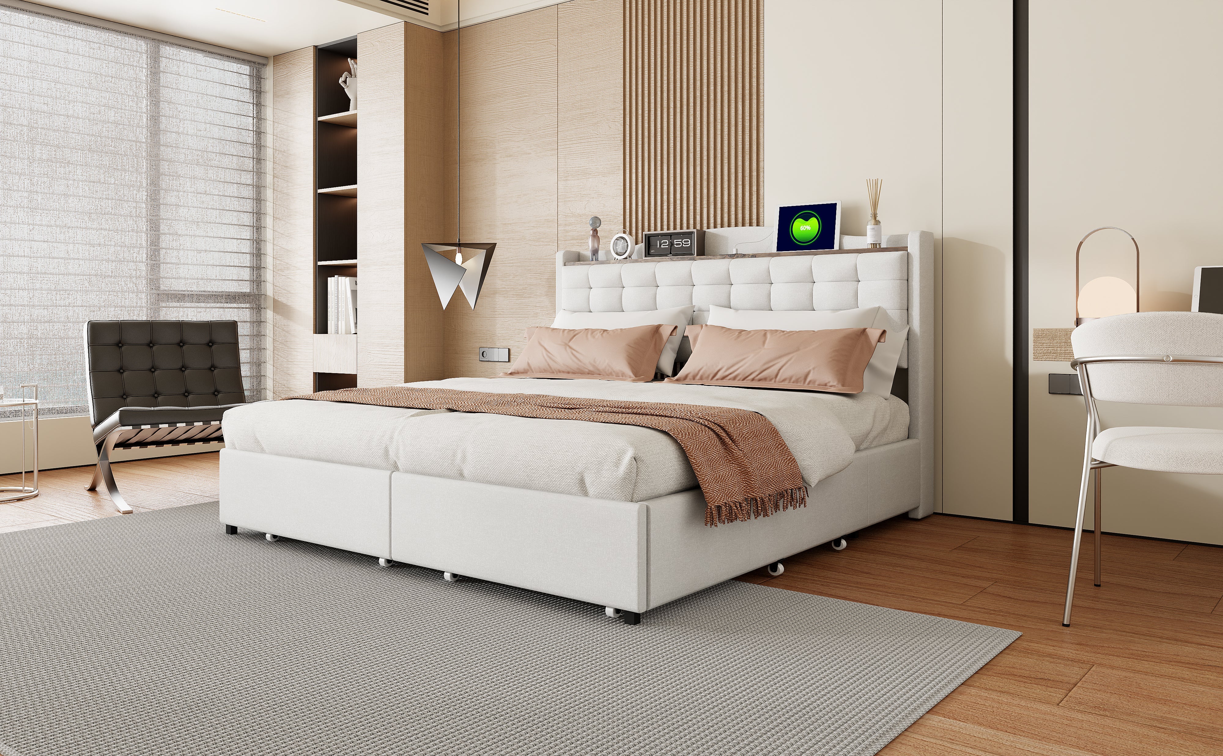 Logidon gestoffeerd bed 160x200 cm beige linnen stof USB-oplaadpoort