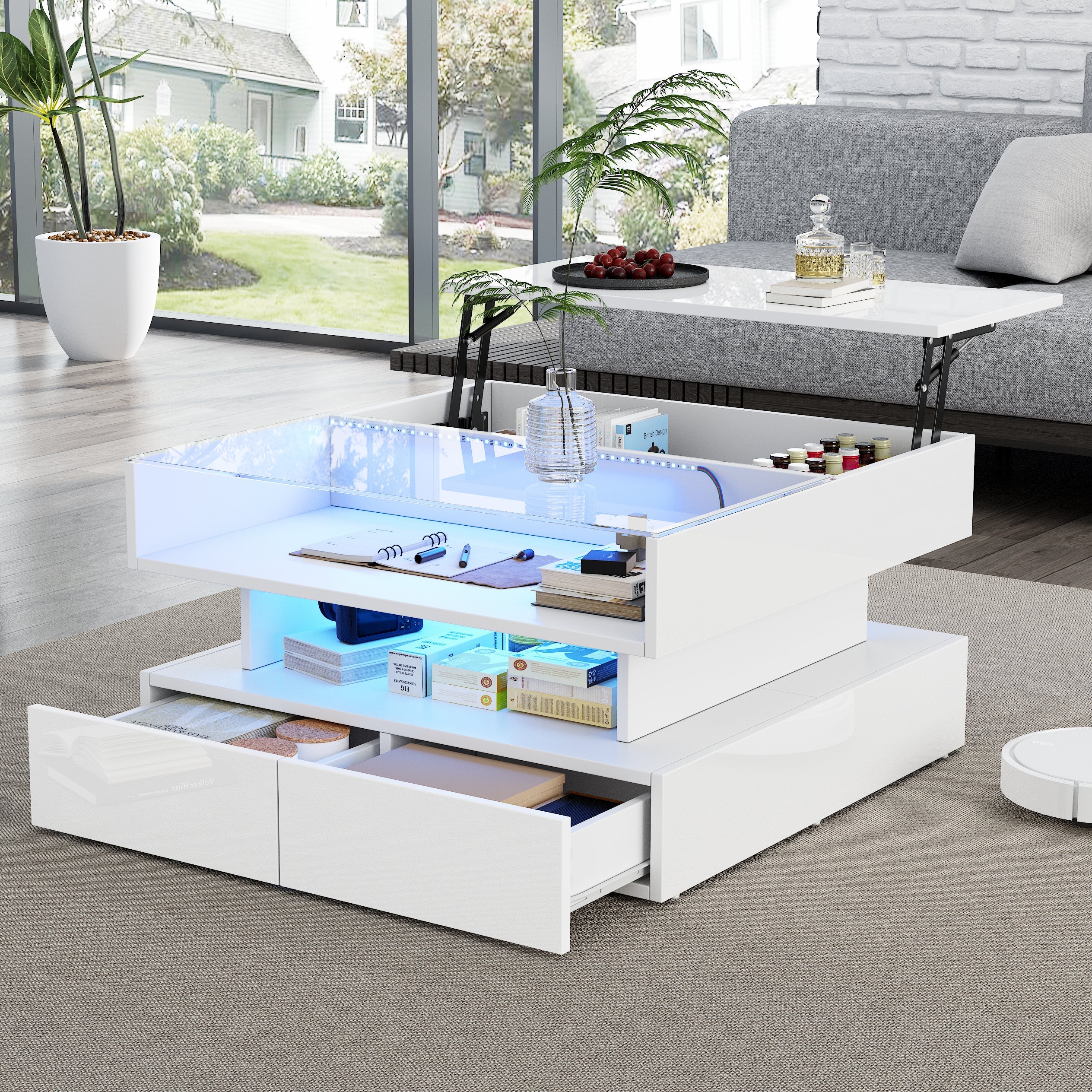 Logidon In hoogte verstelbare salontafel 80x80 cm witte LED opbergruimte