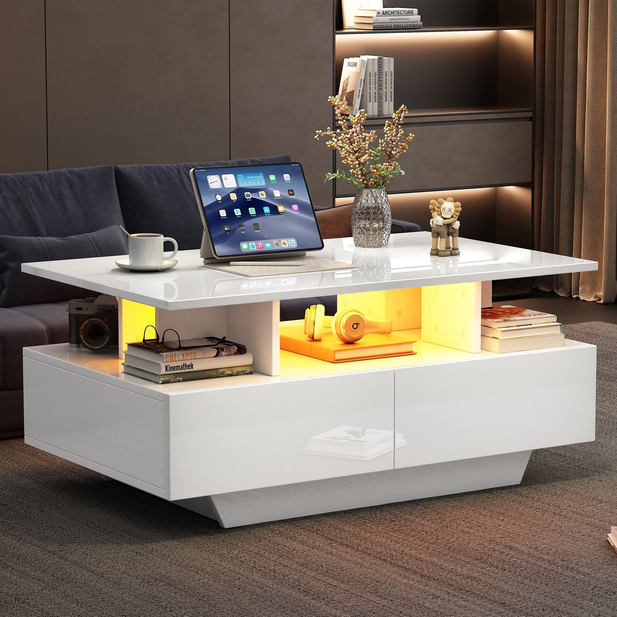 Logidon hoogglans salontafel LED, 2 lades, 90x55x41 cm wit