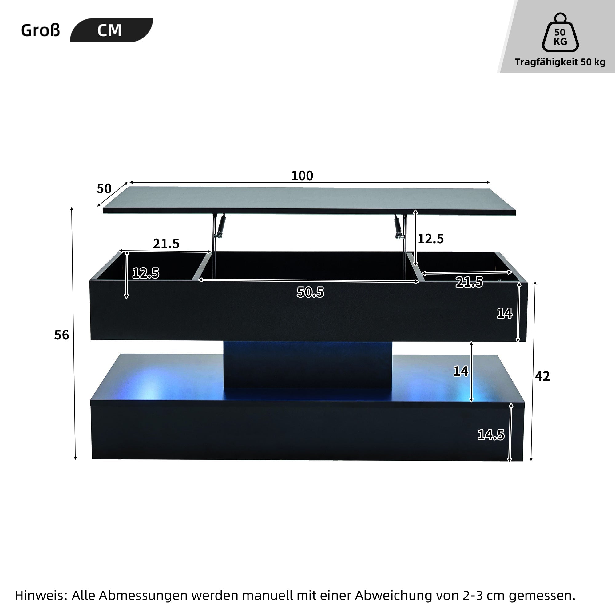 Logidon LED Salontafel met verborgen opbergruimte 100x50 cm Zwart