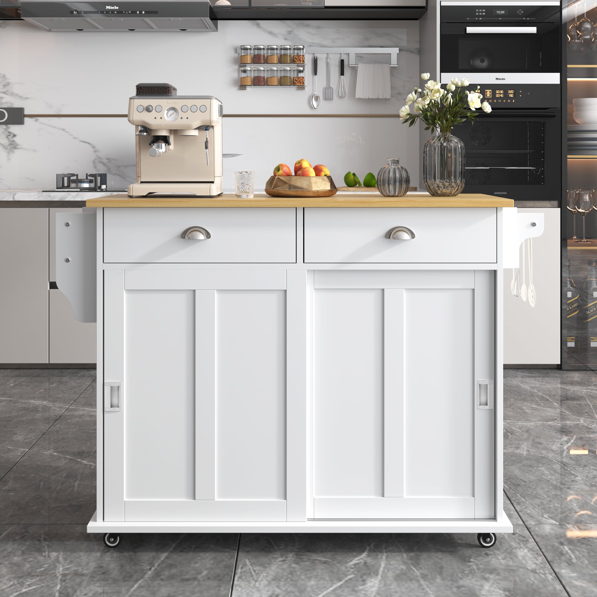 Logidon Dining Room Trolley Sideboard with Folding Table White/Natural Wood