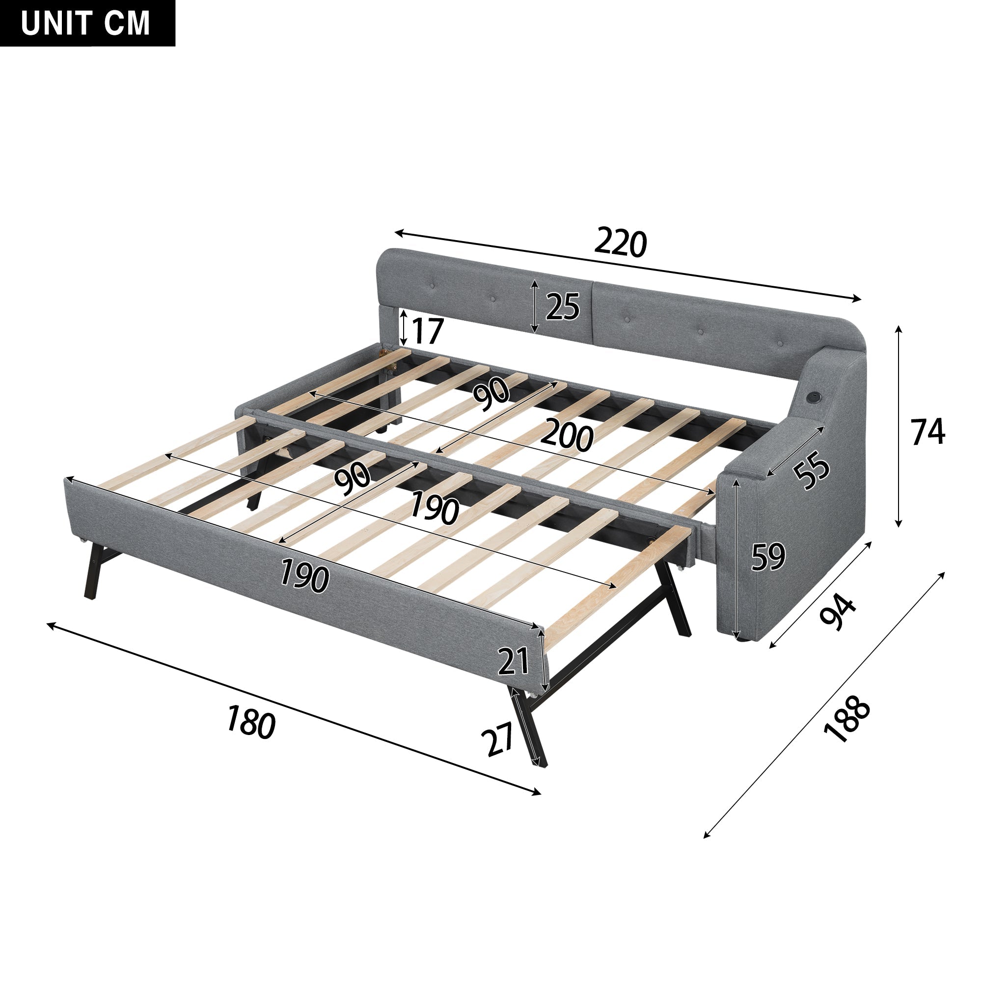 Logidon slaapbank 90x200 cm grijs linnen met USB Type C lattenbodem