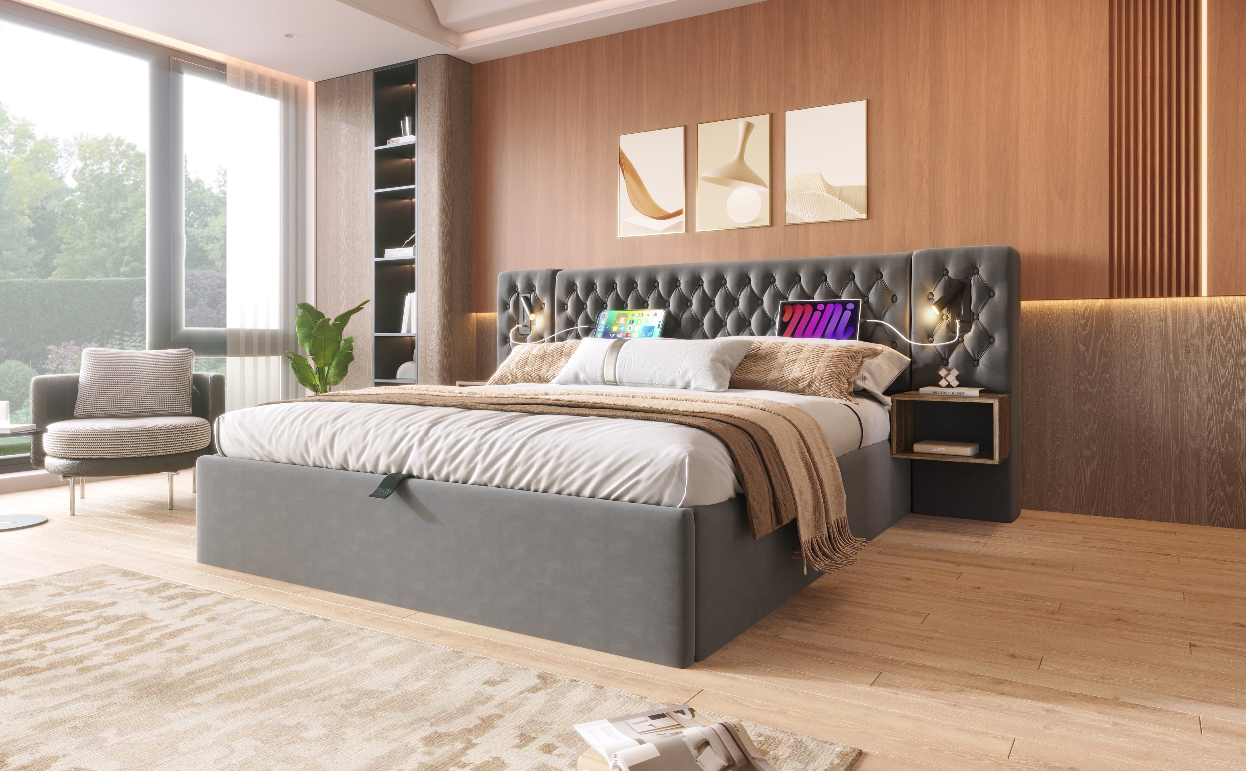 Logidon bed system hydraulic storage bed 160x200 cm gray velvet