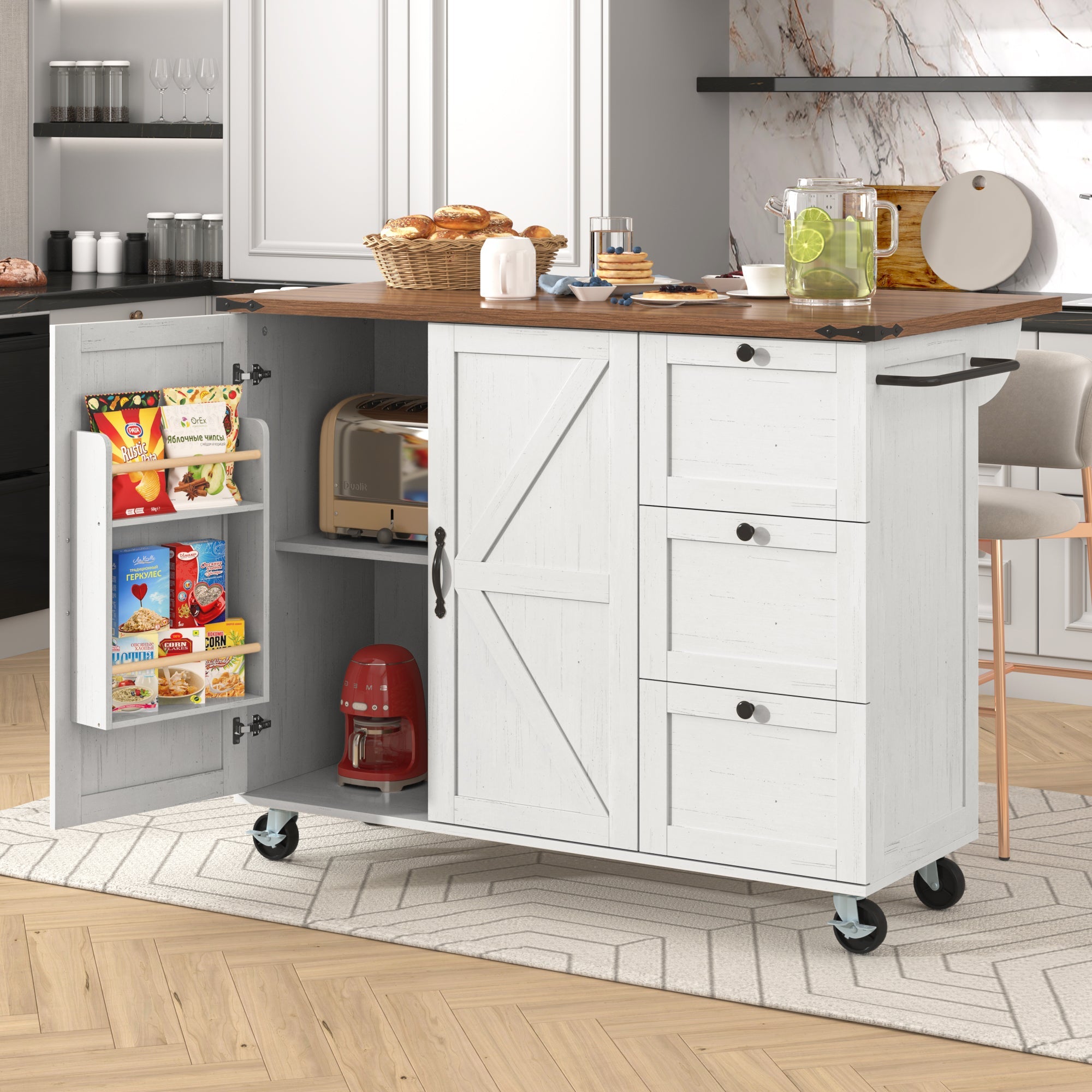 Logidon kitchen island with extendable worktop beige MDF 140 x 45 cm
