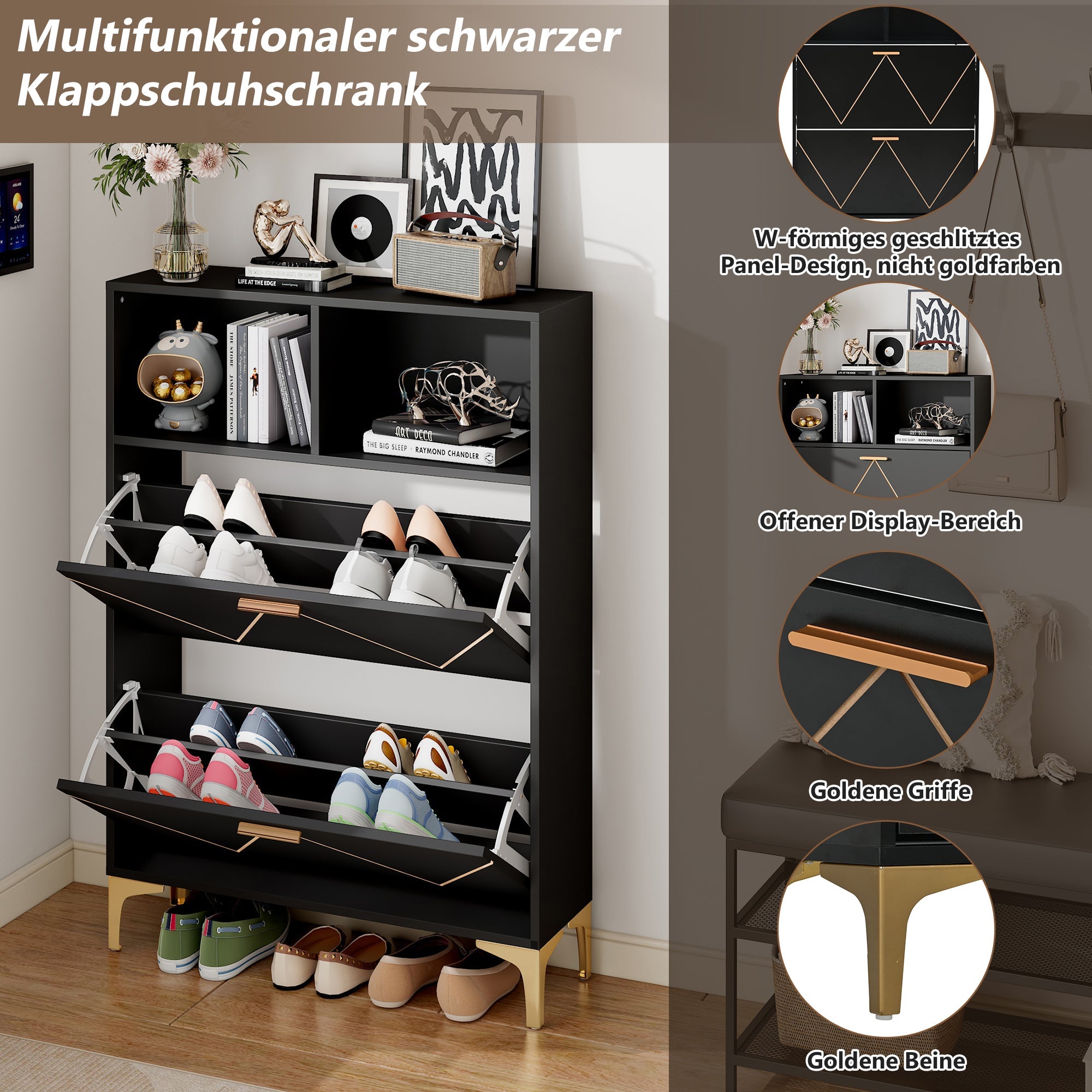 Logidon shoe cabinet 80x25x117 cm black with folding doors and four shoe shelves
