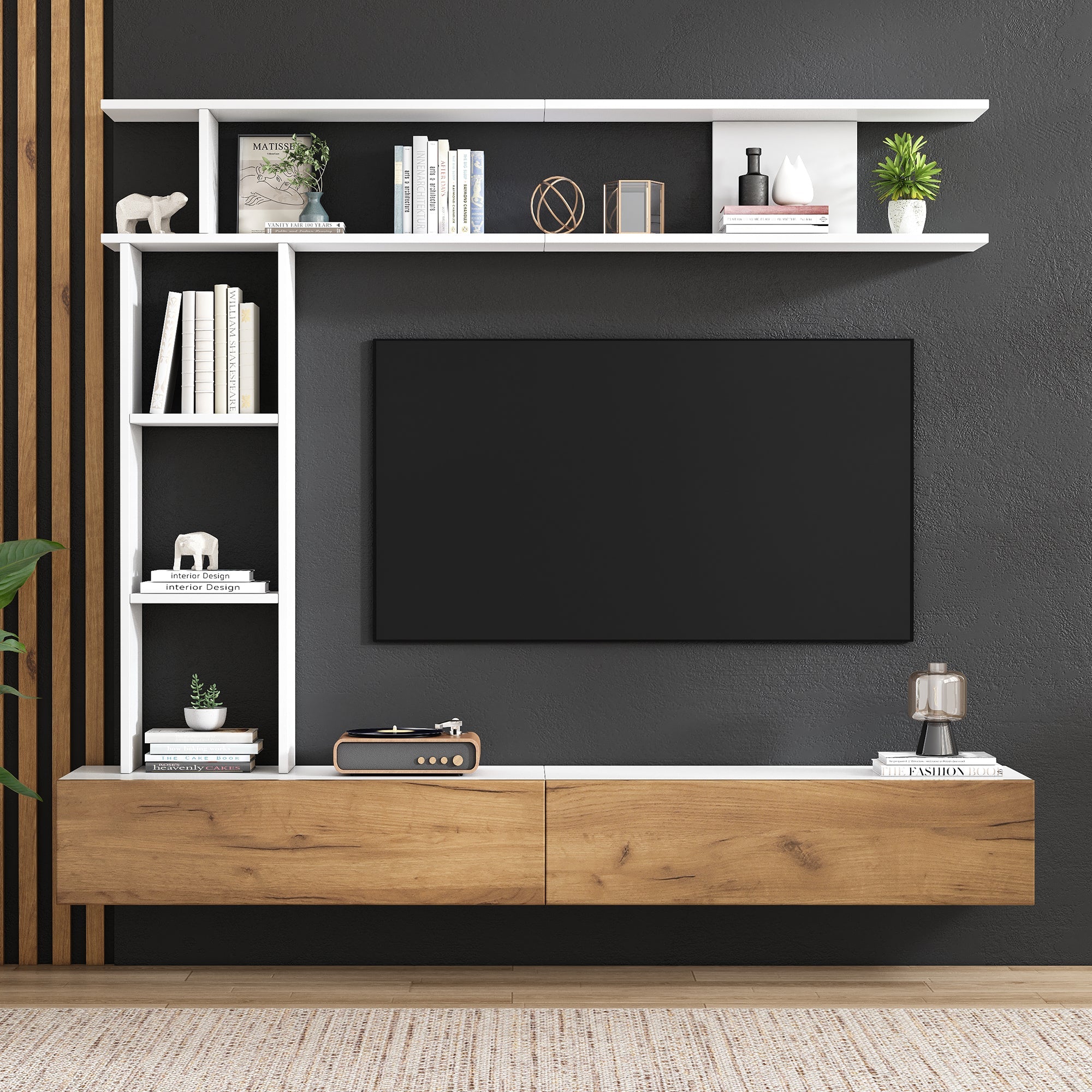 Logidon TV wandmeubel 180 cm wit houtlook met vitrinekasten