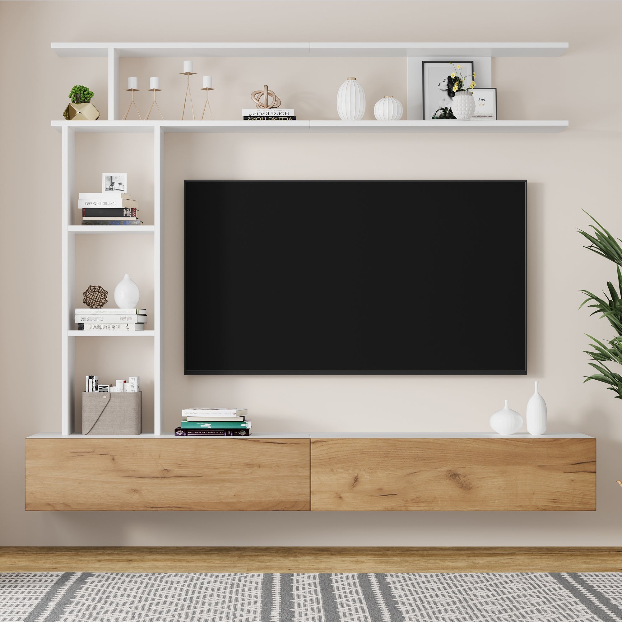 Logidon TV wandmeubel 180 cm wit houtlook met vitrinekasten