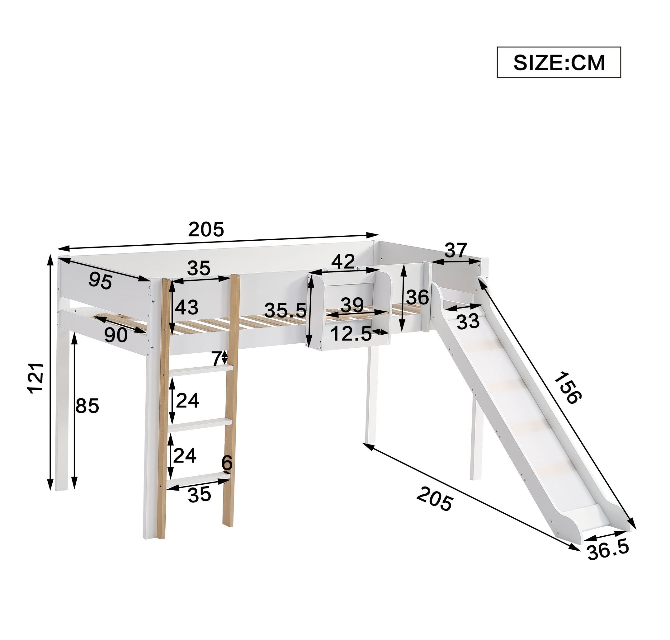 Logidon hoogslaper met drietrapsladder en glijbaan 90x200cm