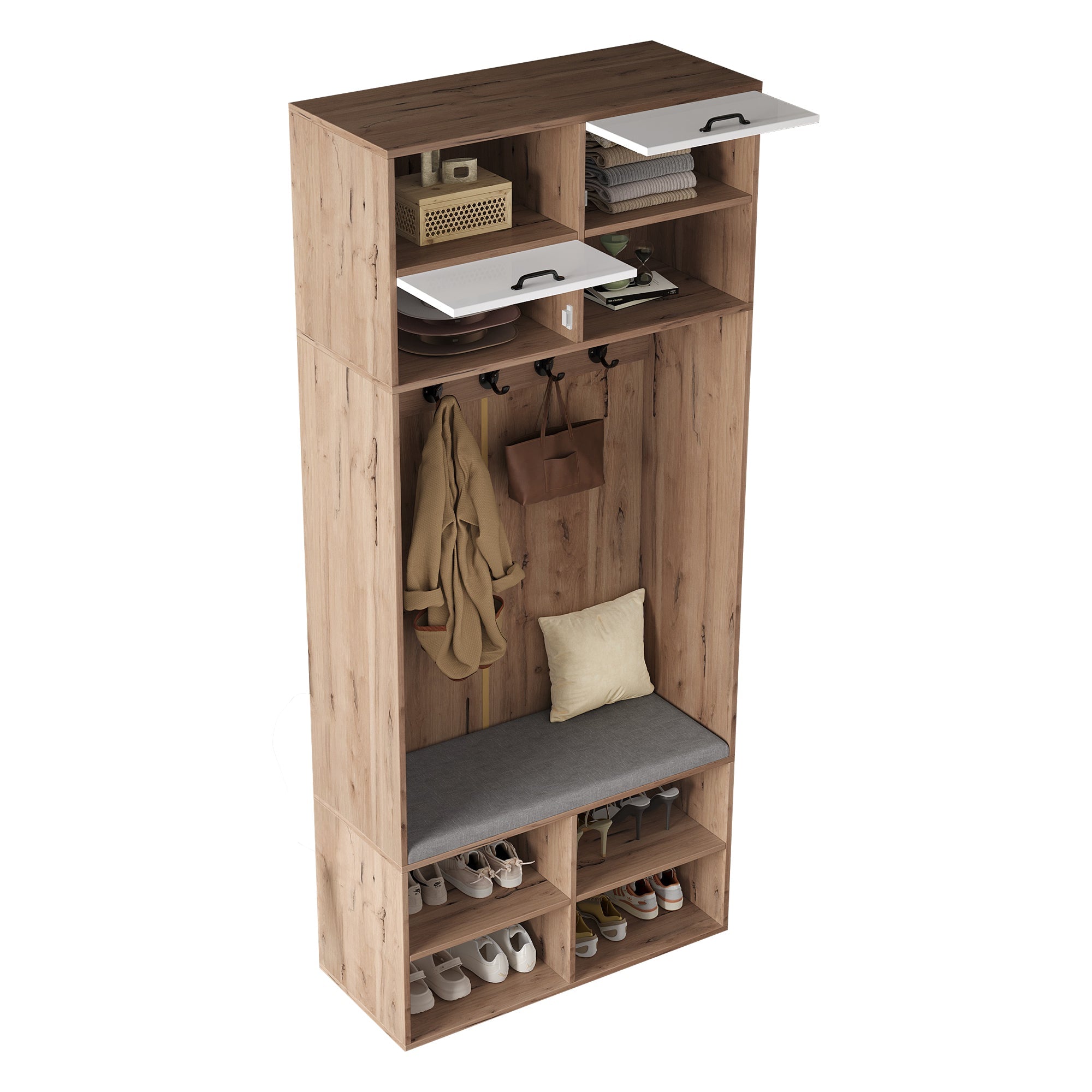 Logidon garderobekast met bank en 5 haken naturel wit 80x35x185cm