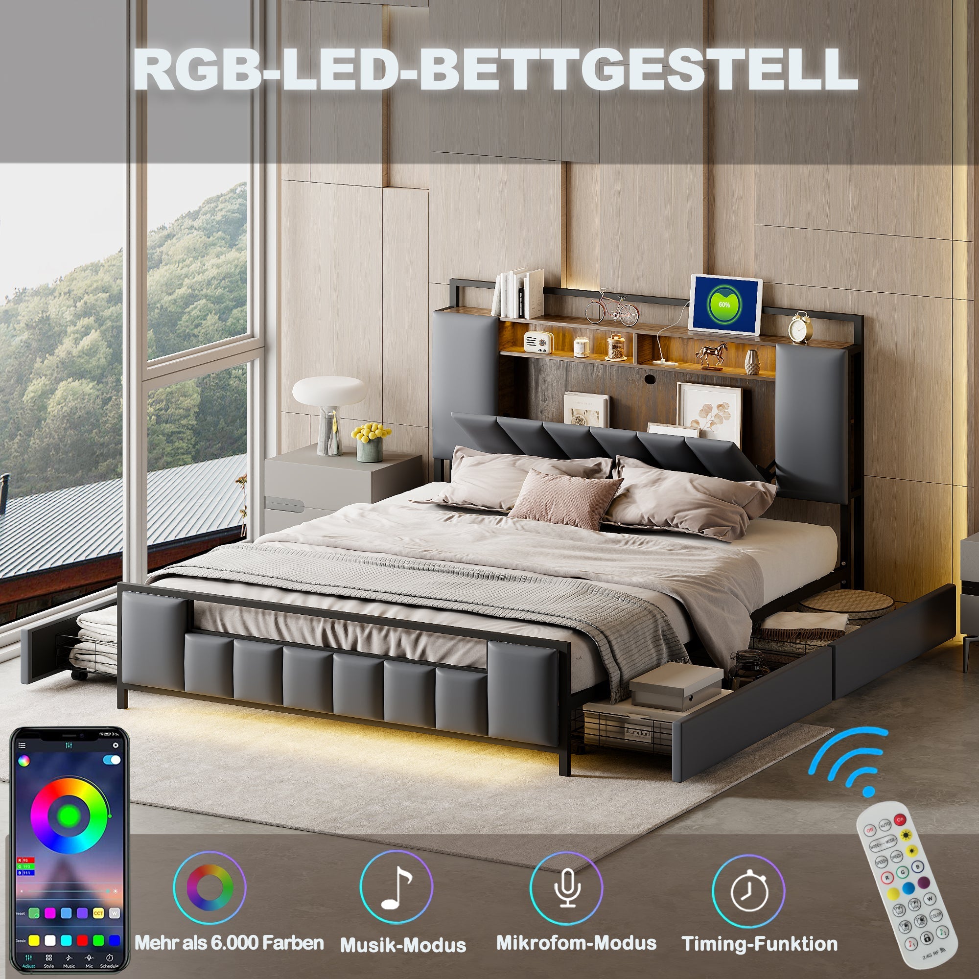 Logidon gestoffeerd bed 160x200 cm grijs kunstleer met LED USB-laden