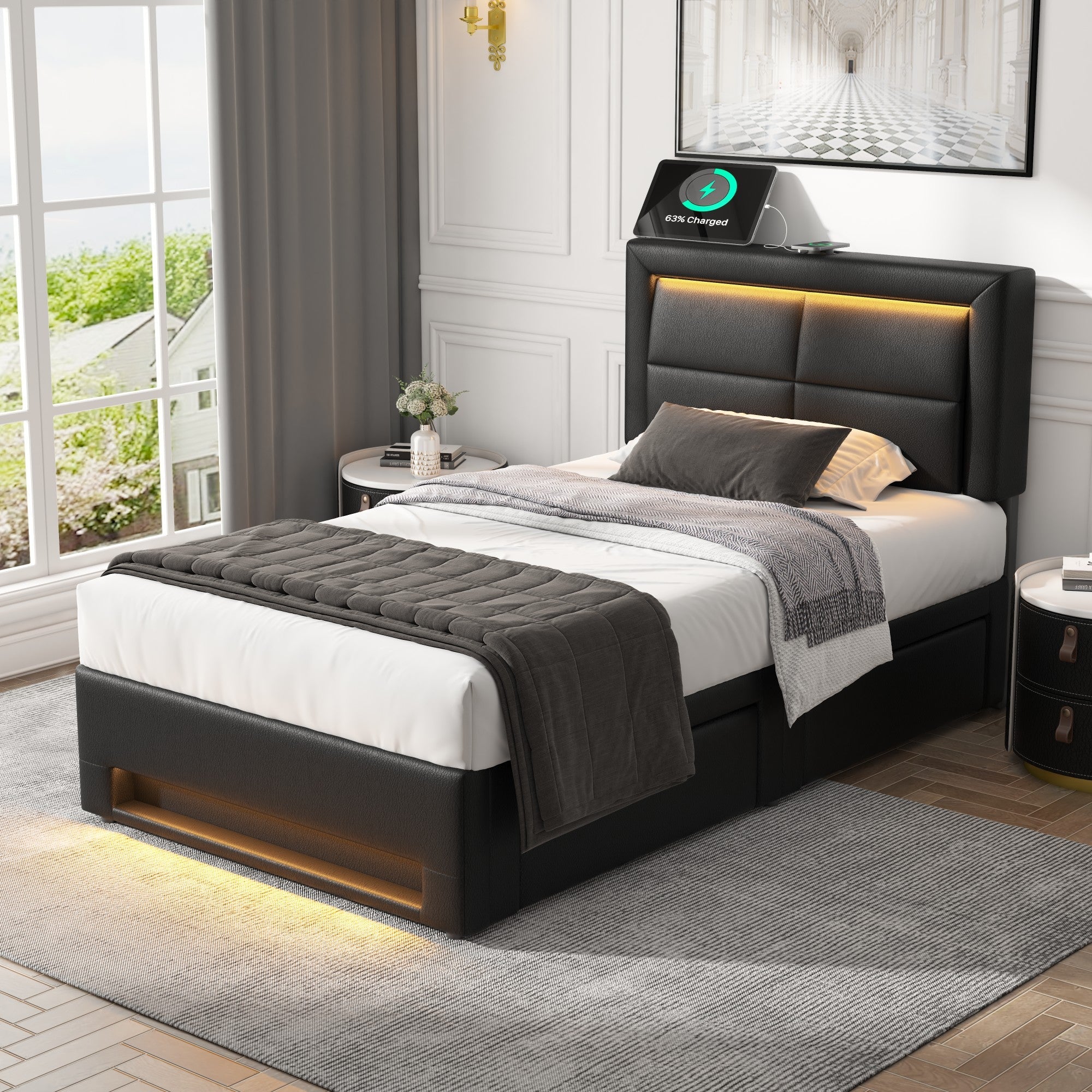 Logidon upholstered bed 90x200 cm with USB connection LED four drawers black