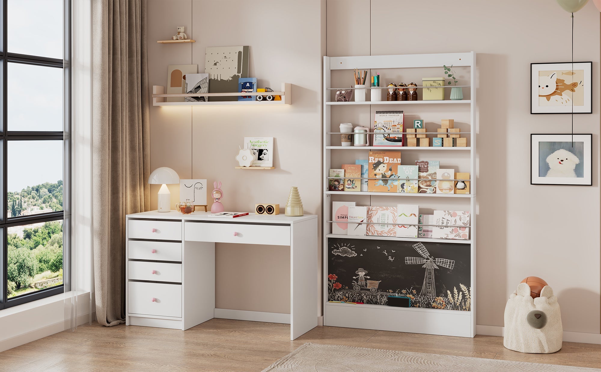 Logidon prentenboekenplank wit anti-tip zwart bord 100 x 10 x 180 cm