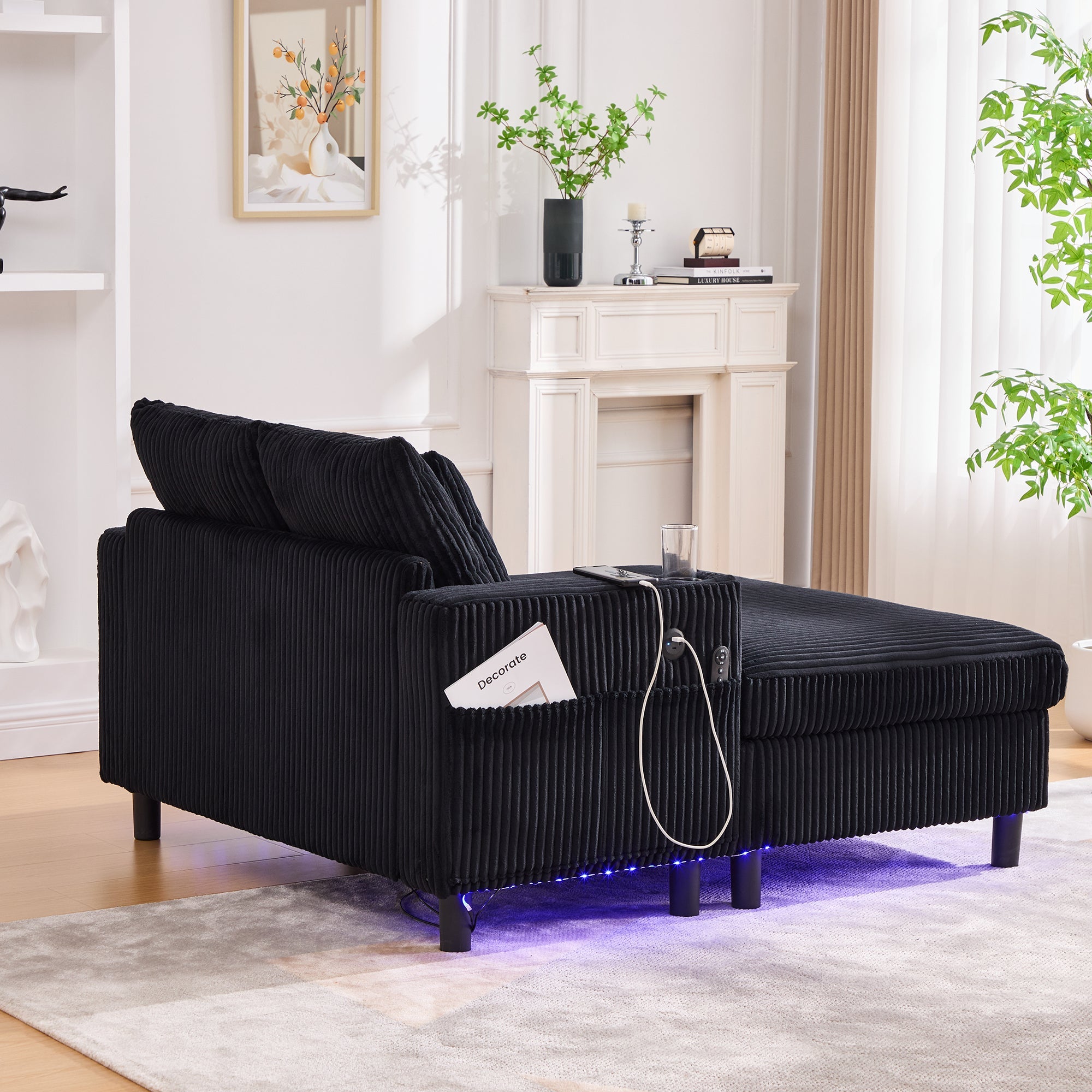 Logidon Velvet Chaise Longue Zwart met USB-oplaadpunten en LED-verlichting