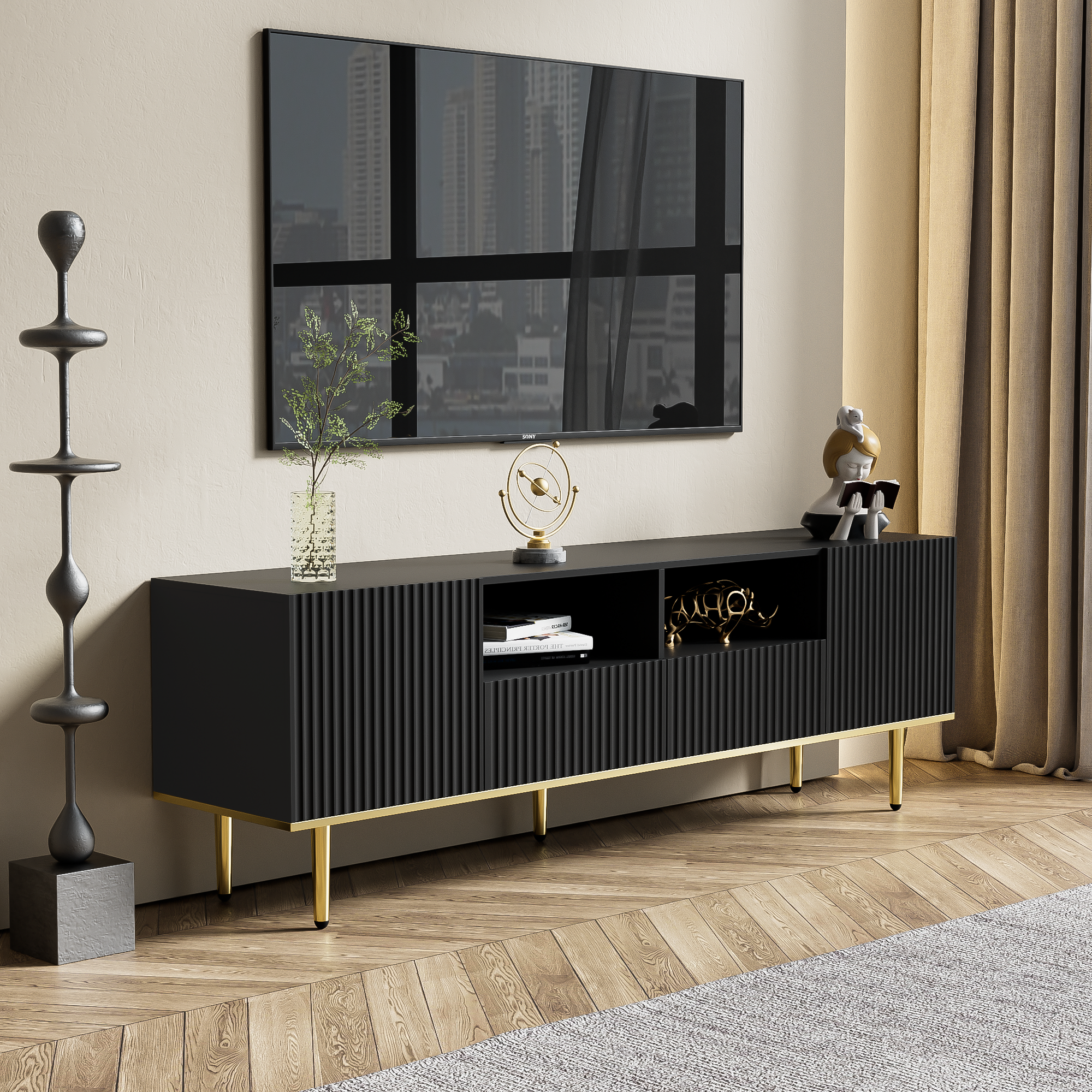 Logidon Modern TV-meubel 165 cm Zwart met Gouden Voeten en Rand
