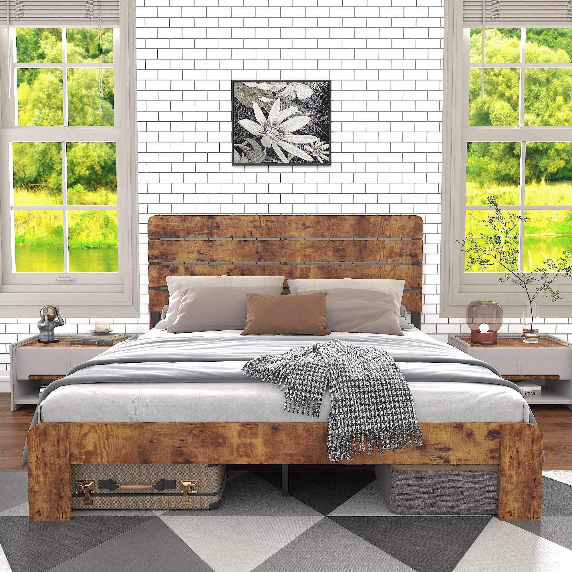 Logidon houten tweepersoonsbed 140x200 bruin MDF hoofdeinde met metalen frame