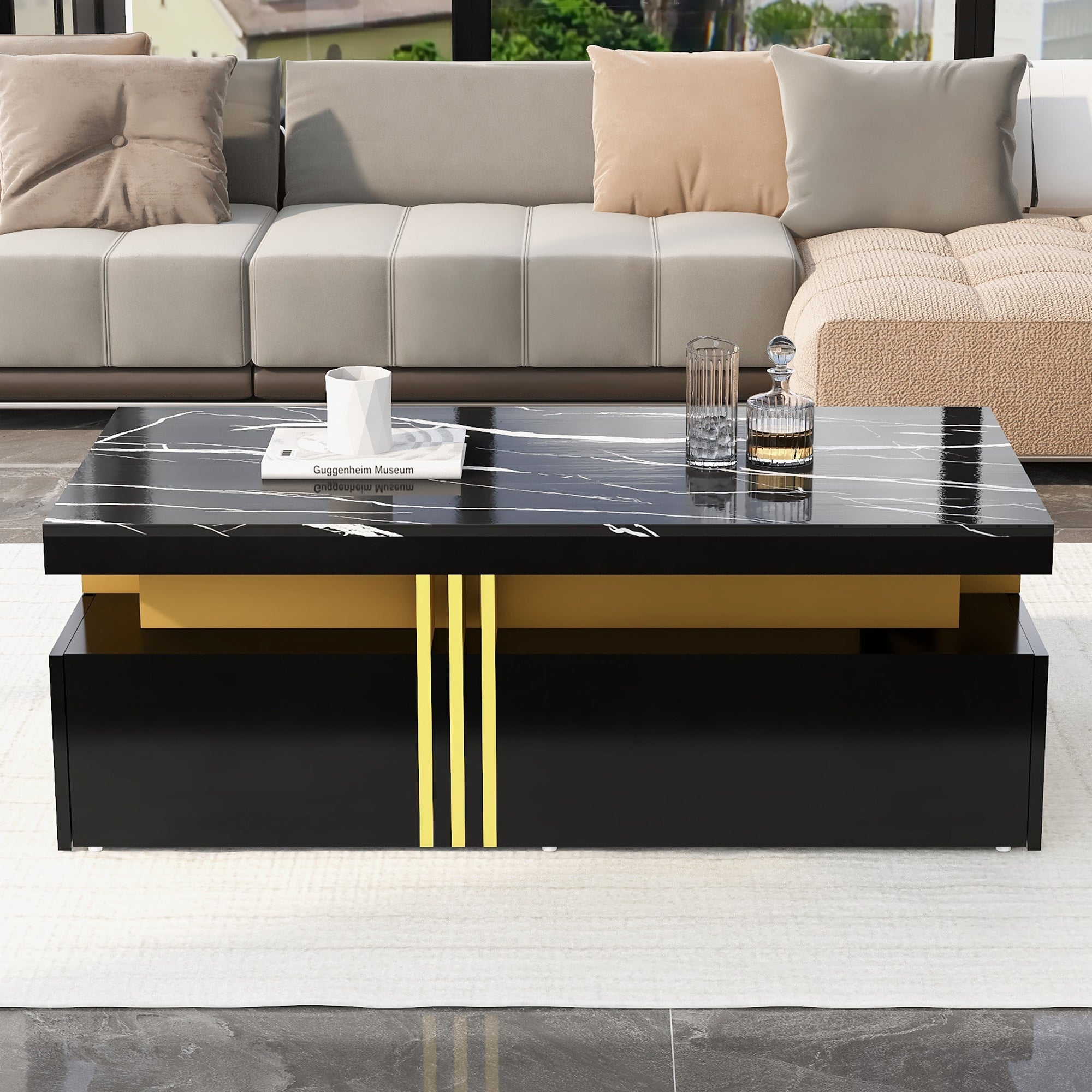 Logidon Zwarte tv-wandmeubelset 2 tv-kast salontafel marmerlook