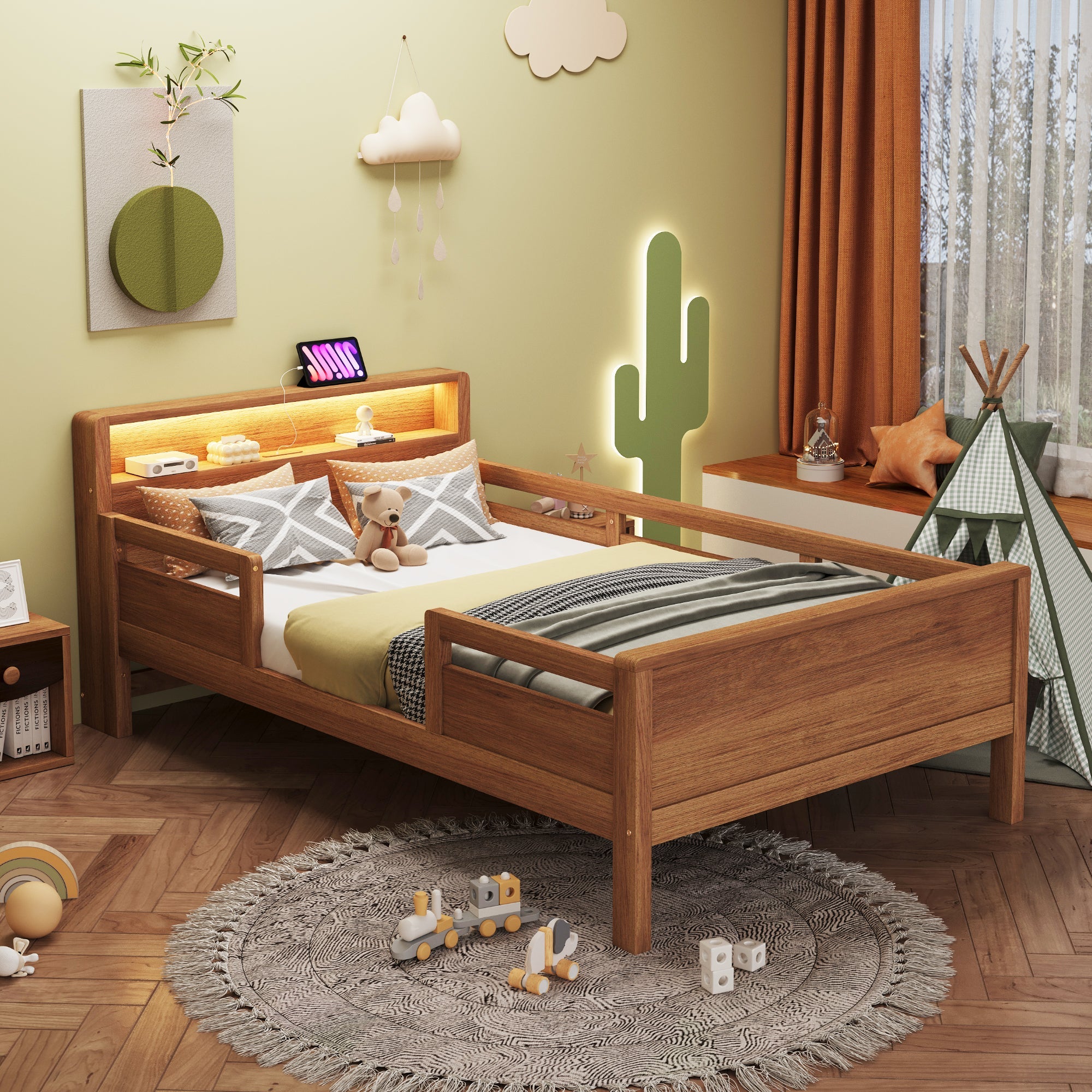 Logidon houten bed 90x200 cm naturel met USB-C stopcontact en LED