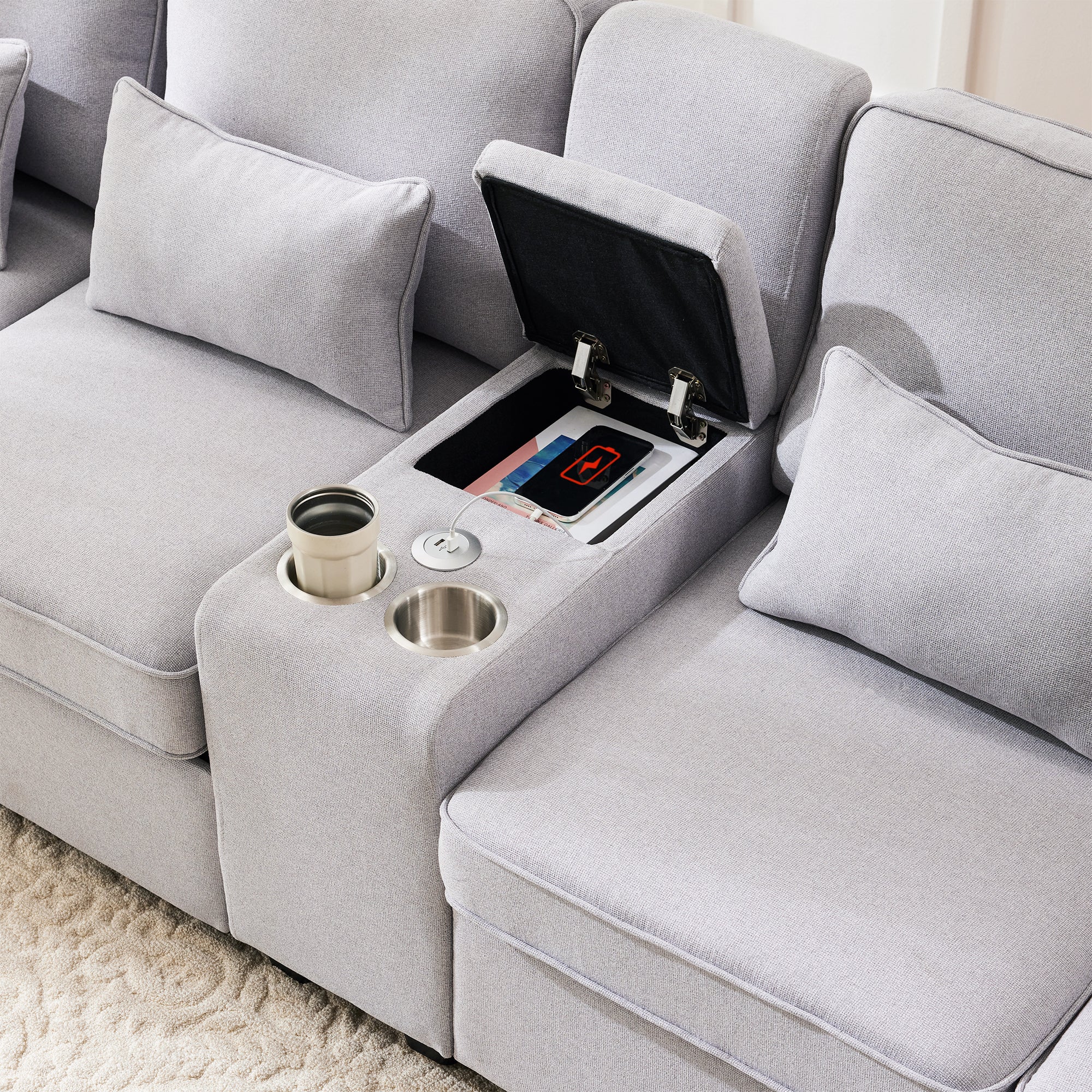 Logidon 4-zitsbank grijs met USB-oplaadpoorten bekerhouder