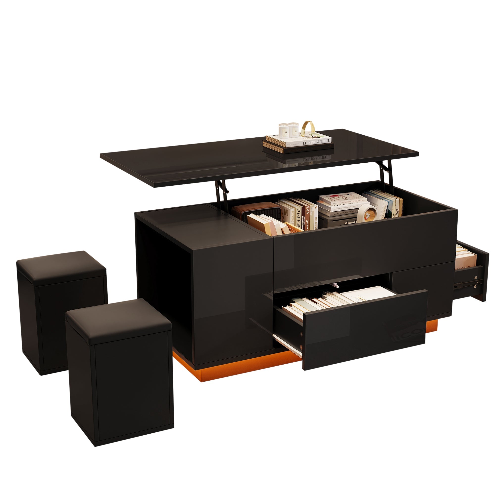 Logidon 4-in-1 in hoogte verstelbare salontafel zwart 100x50x45 cm LED