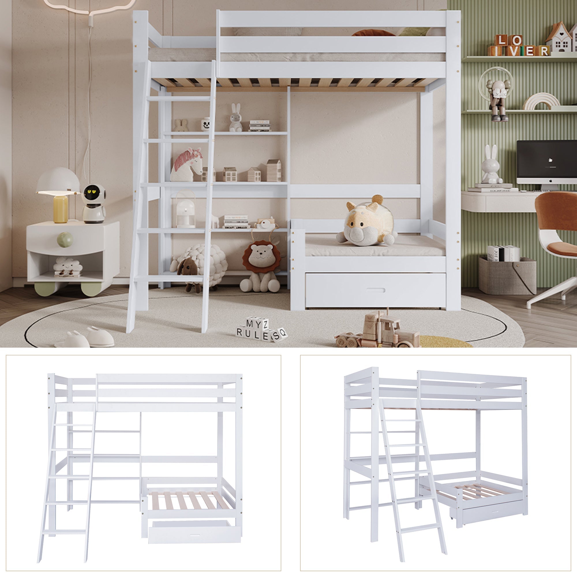 Logidon hoogslaper met bureau - wit kinderbed met lade