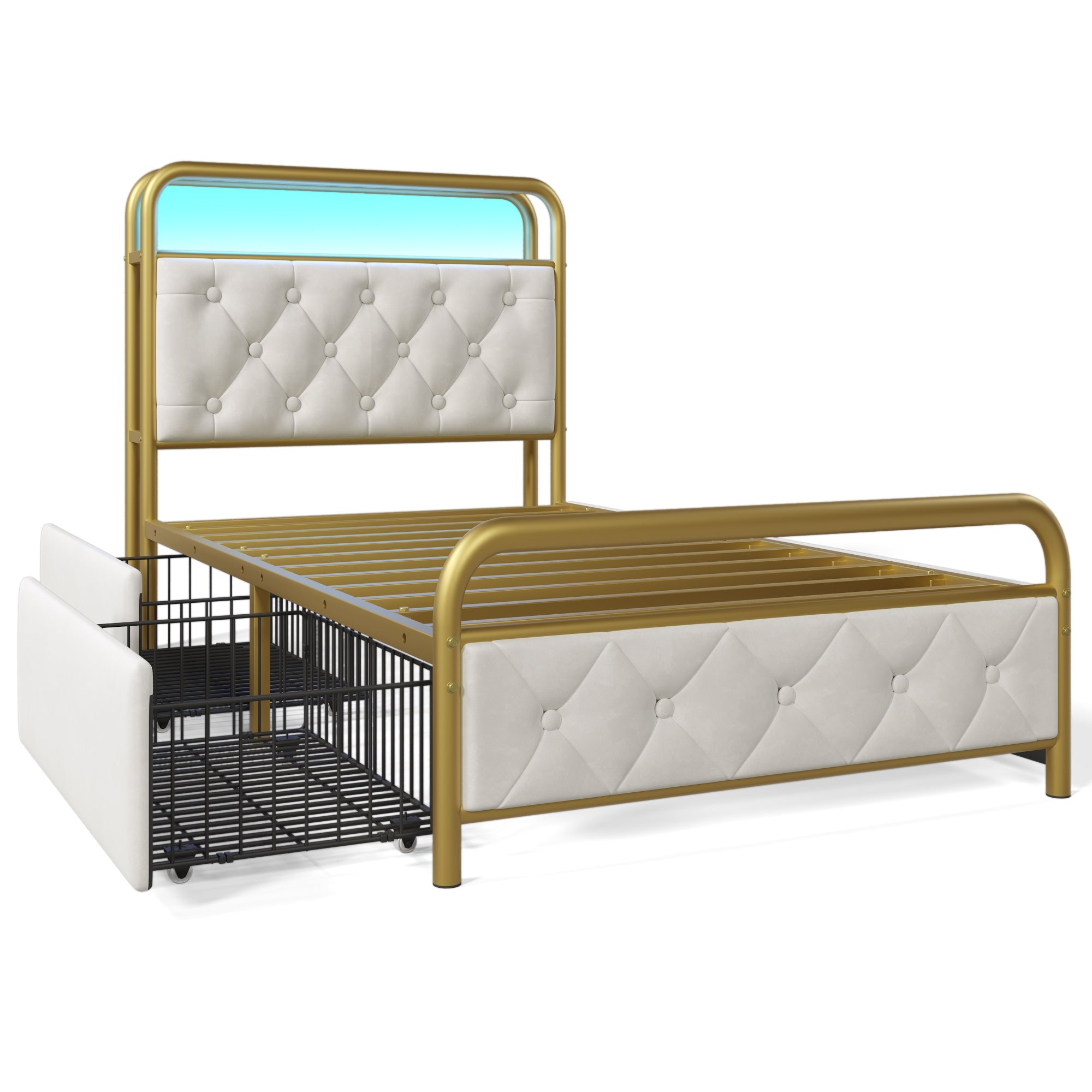 Logidon upholstered bed 90x200 USB C charging function LED white velvet drawers