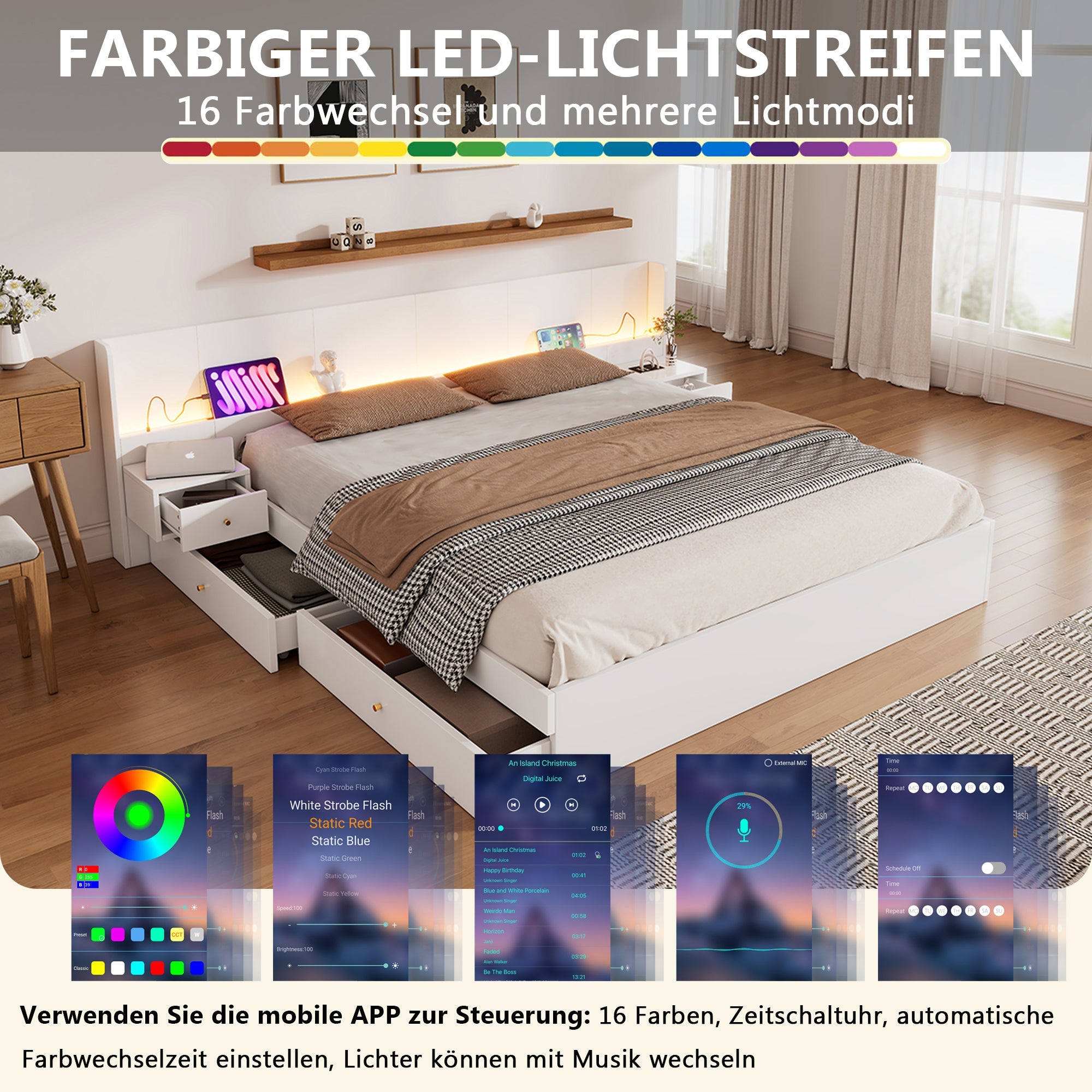 Logidon tweepersoonsbed 180x200 cm wit met USB LED app bediening