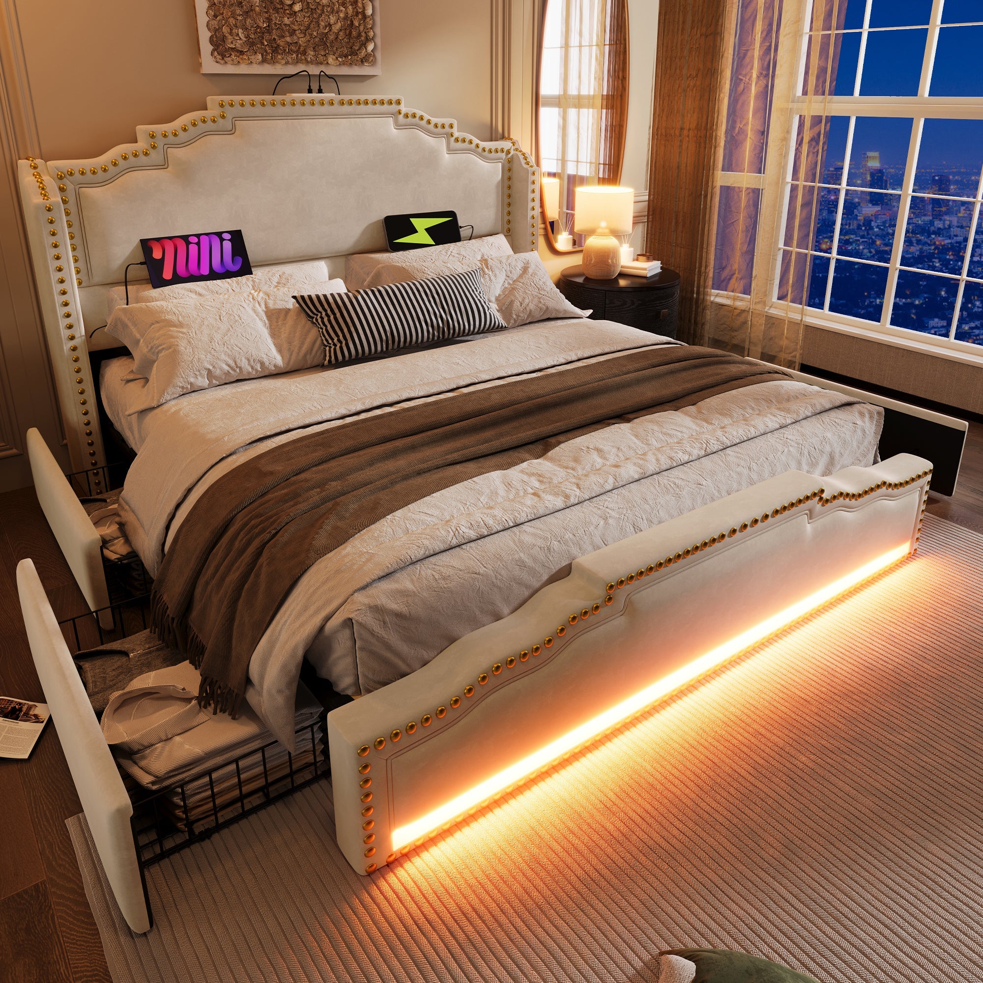 Logidon gestoffeerd bed 140x200 beige met 4 lades LED USB-C