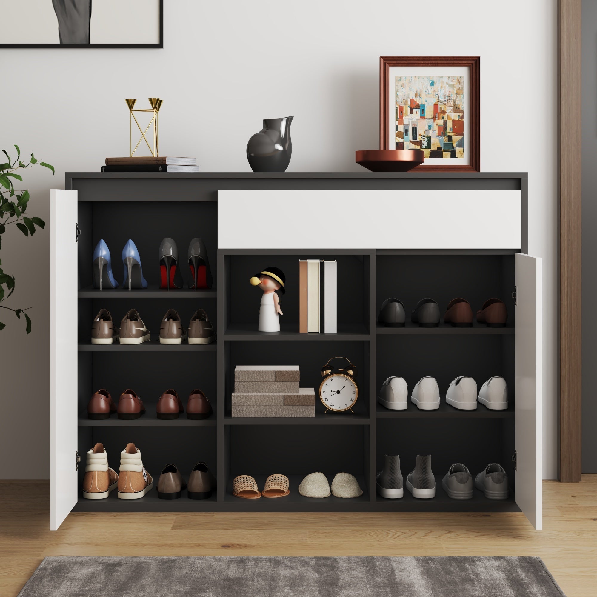 Logidon Shoe Cabinet Black White Two Doors Adjustable Shoe Rack