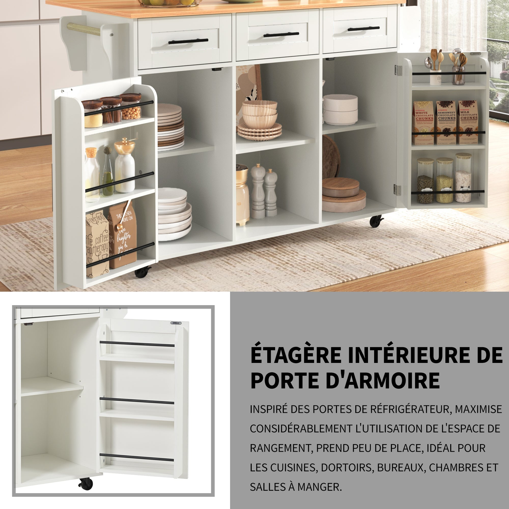 Logidon Kitchen Island White Folding Worktop Storage Door