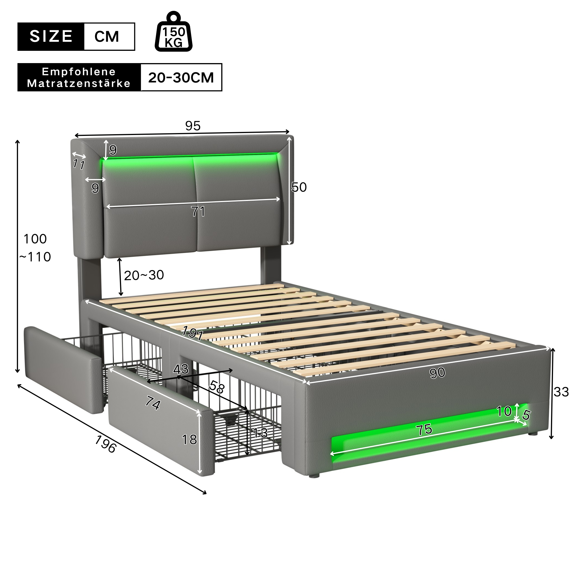 Logidon gestoffeerd bed 90x190 cm grijs met USB LED en 4 lades