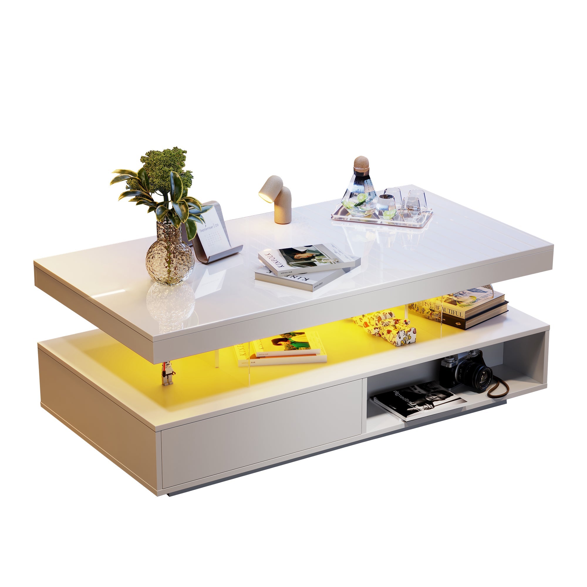 Logidon Witte Hoogglans Salontafel 95x50 cm Met Glazen Bladen