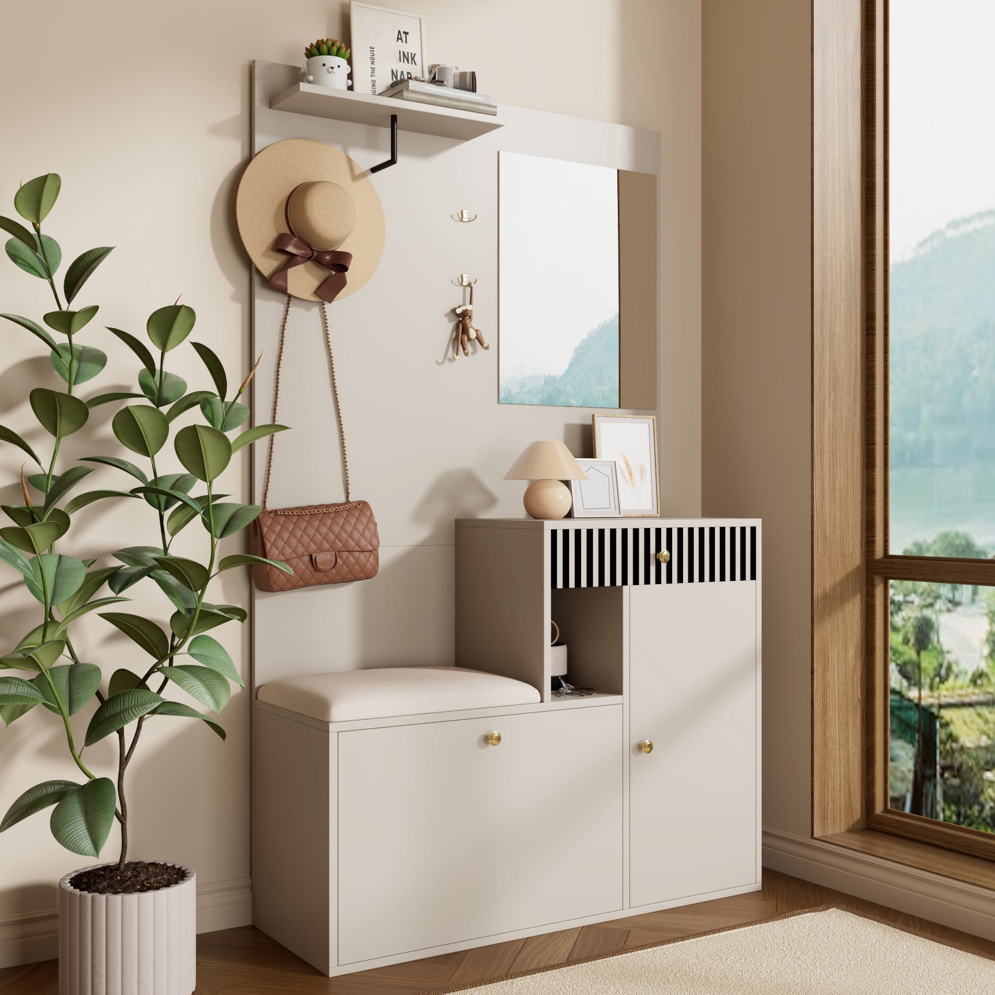 Logidon kledingkastset beige met spiegel en zitkussen 110x185x37 cm