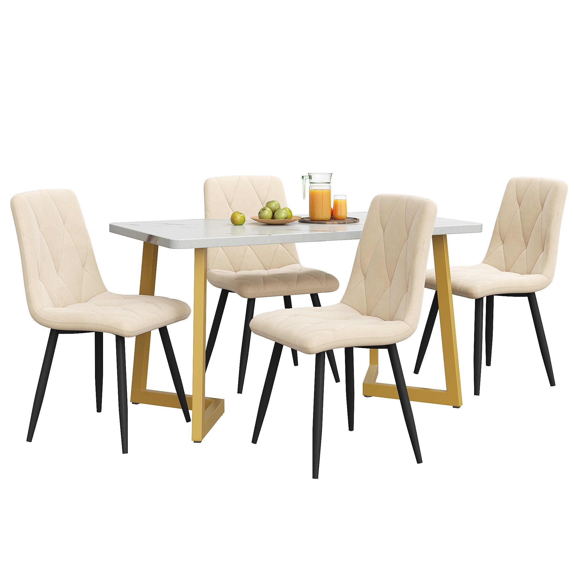 Logidon eetgroep 117x68 cm eettafelset beige twill fluwelen stoelen gouden poten