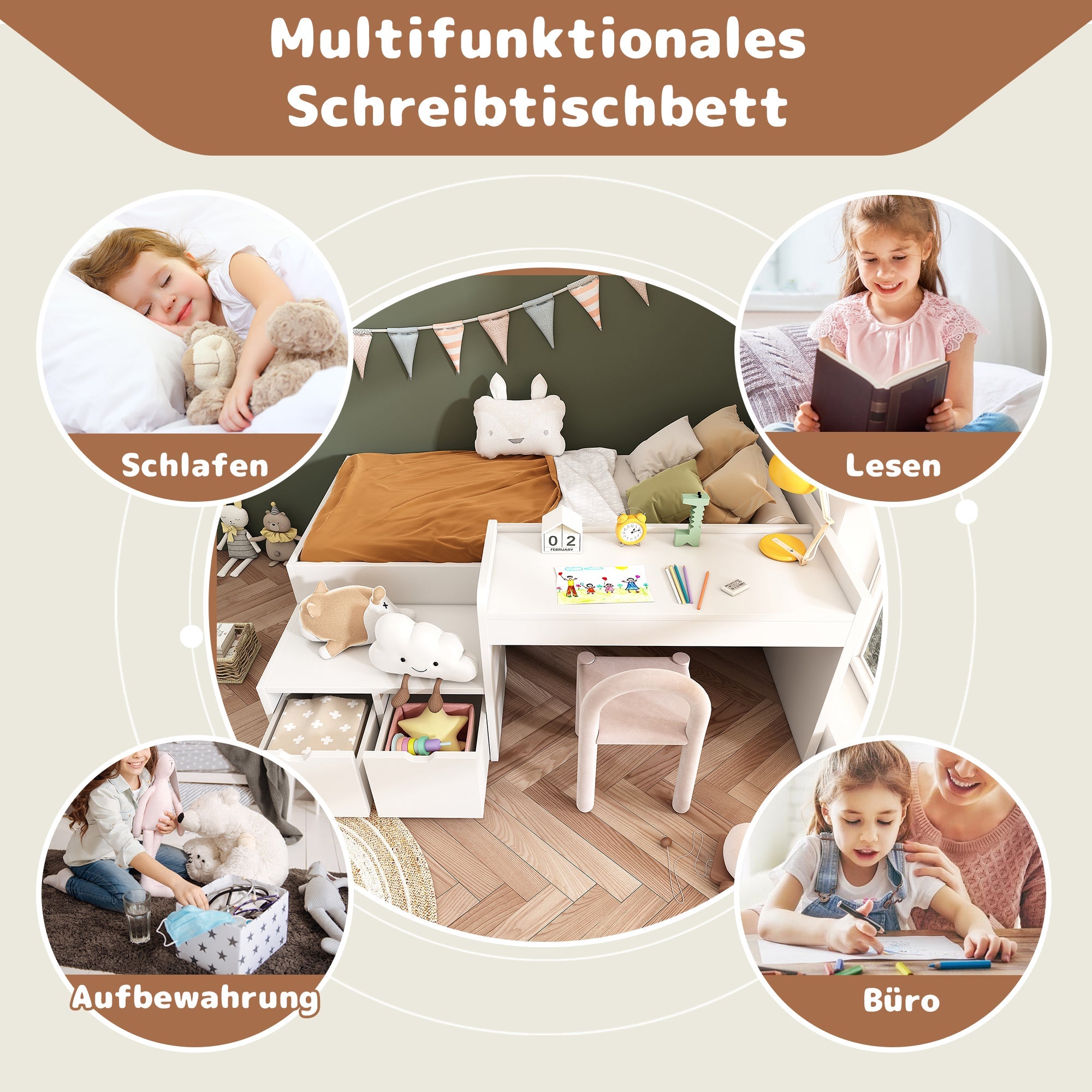 Logidon kinderbed 90x200 massief hout wit met bureau en opbergruimte