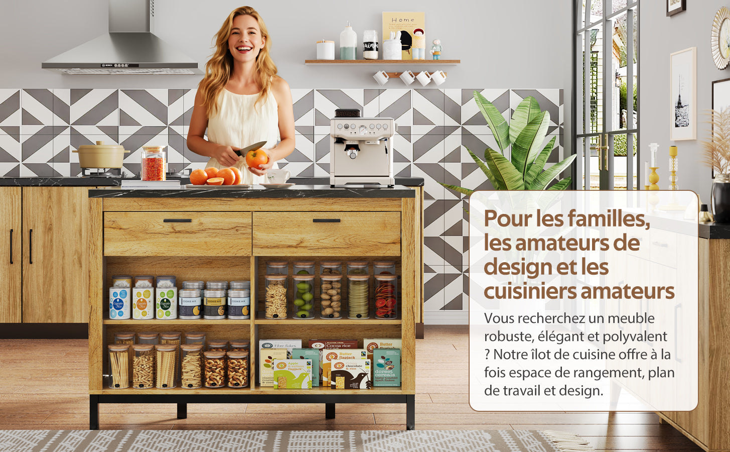 Logidon kitchen island country house style 120x75x90 cm with 2 drawers and 4 shelves