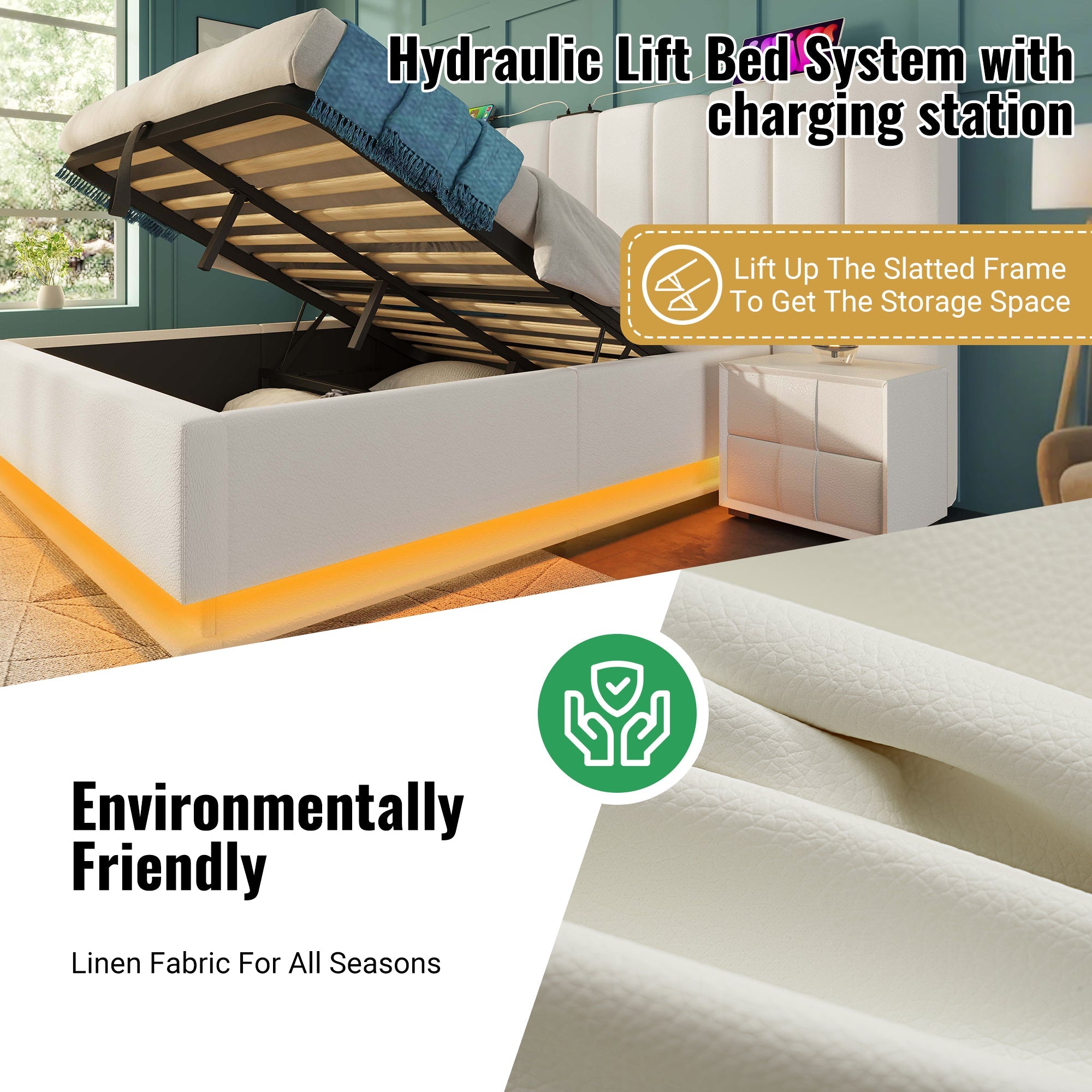 Logidon gestoffeerd bed 180x200 wit met opbergruimte LED app-bedieningsmatras