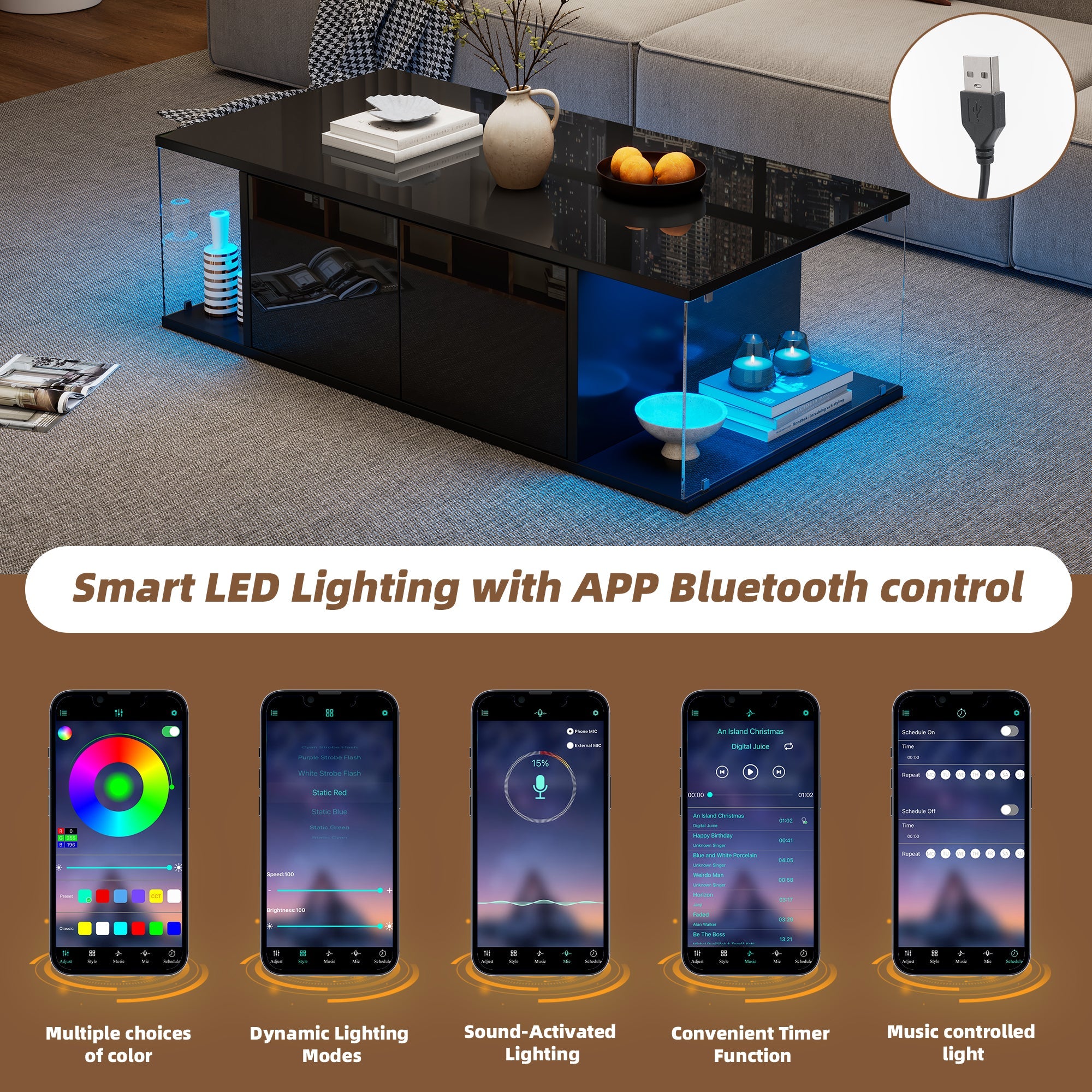 Logidon salontafel 100x50x30 cm zwart hoogglans LED 2 kasten