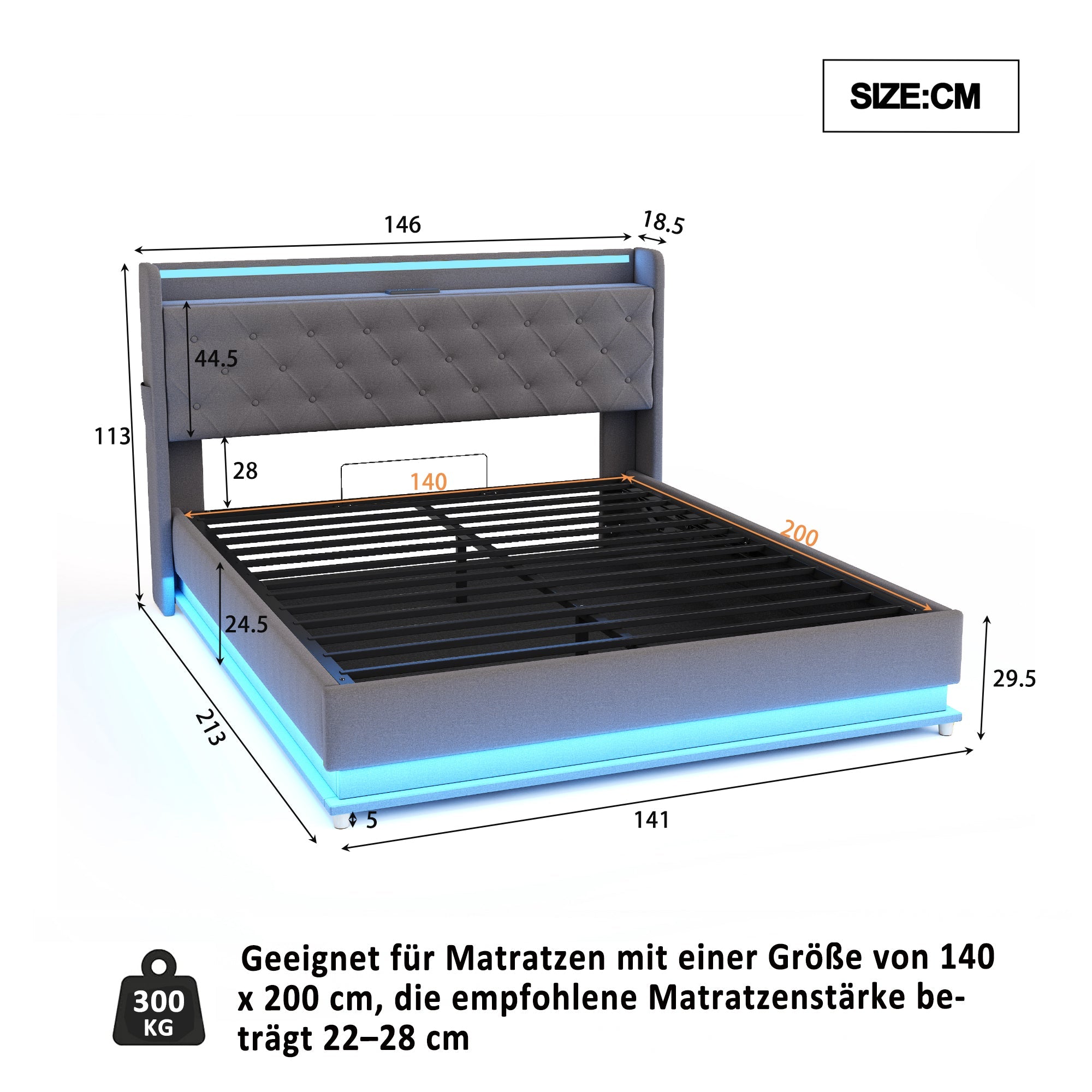 Logidon LED gestoffeerd bed 140x200 grijs met USB-oplaadpoort opbergruimte