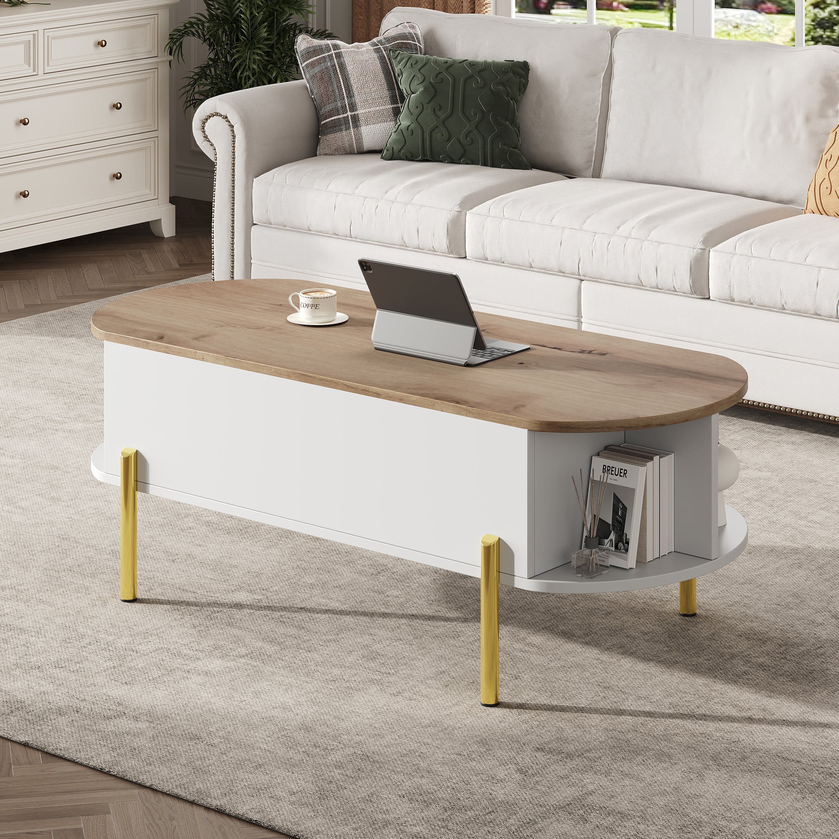Logidon Verstelbare Salontafel 120x50x43 cm Met Opbergruimte Wit Hout