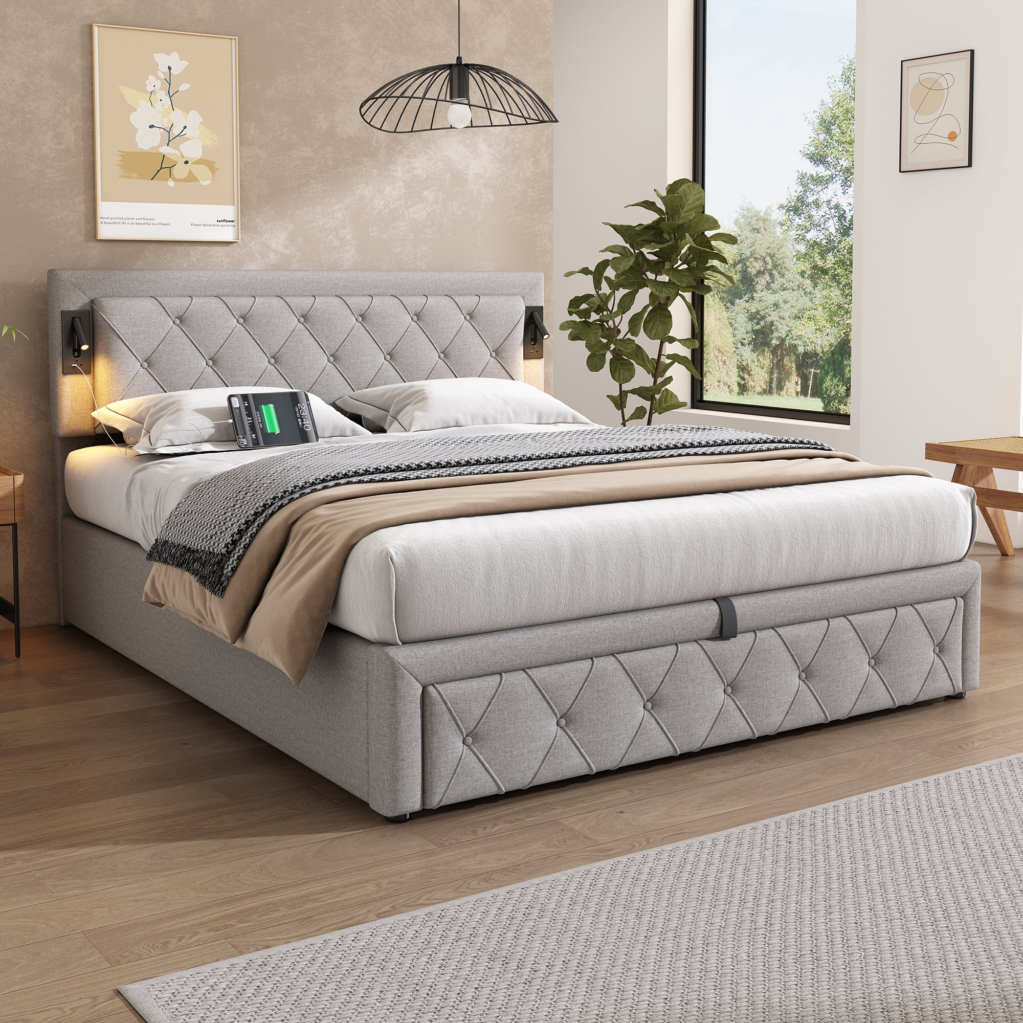 Logidon gestoffeerd bed 160x200 grijs met inbouwspot USB opbergruimte lattenbodem